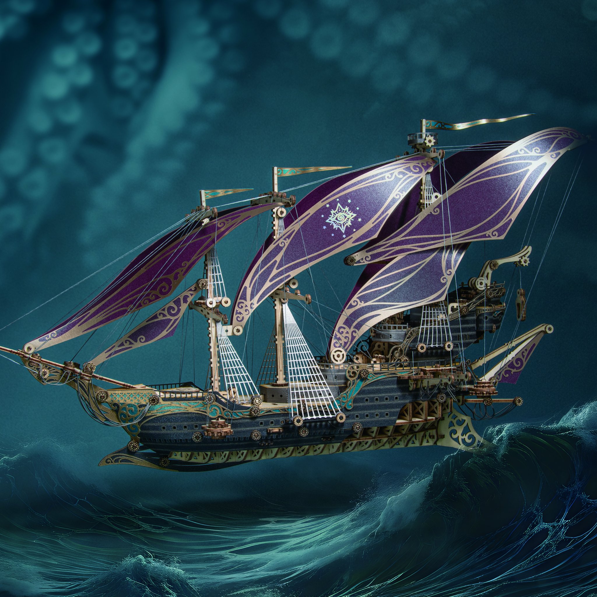 Future corsair ship over a stormy sea in front of an image with tentacles
