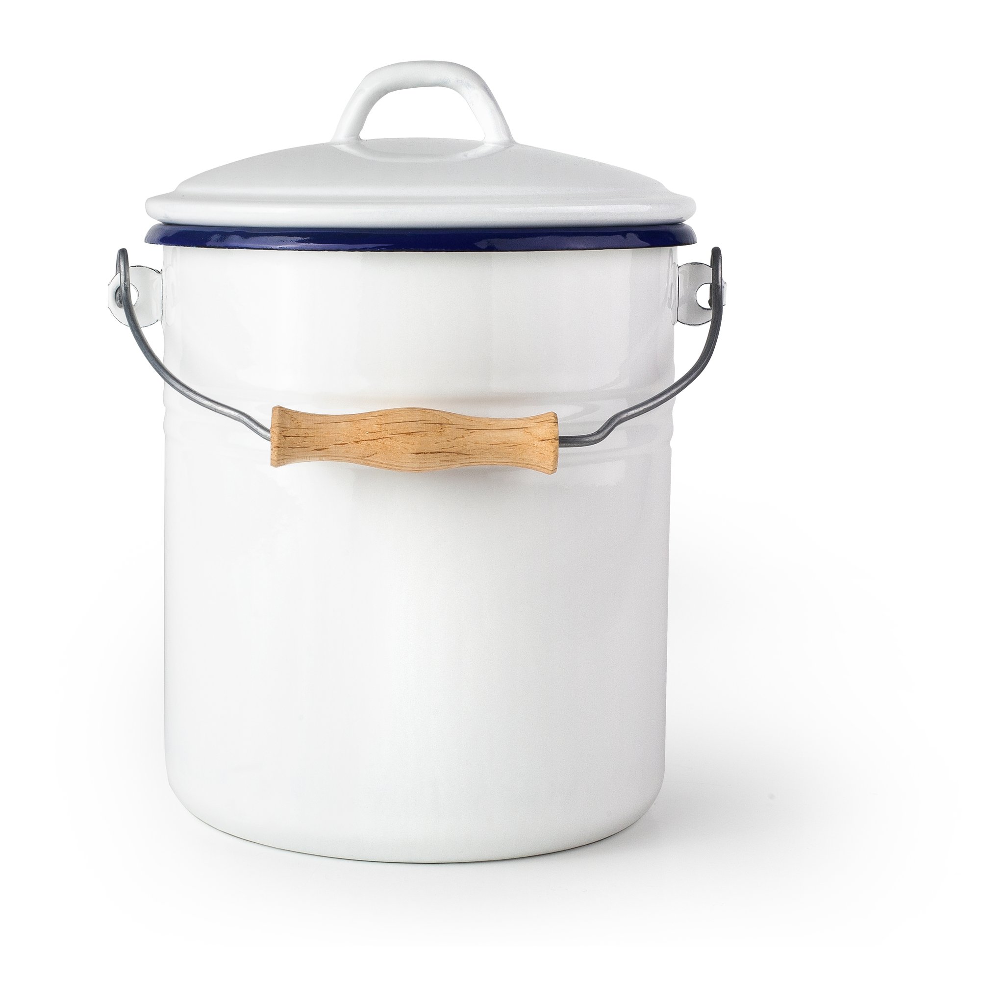 White enamel compost bin with blue rim, lid and wooden handle grip