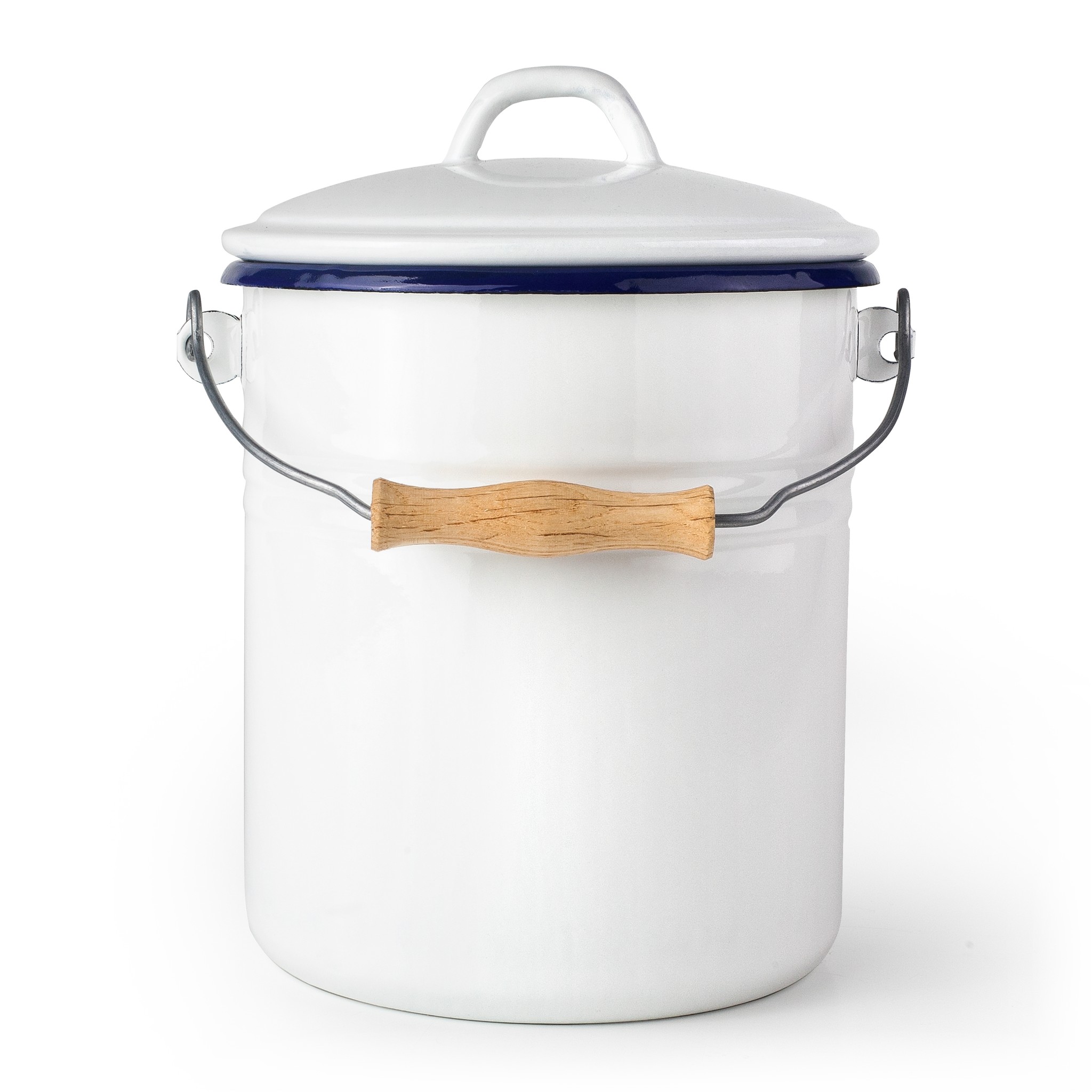 Secchio per compost bianco in smalto con bordo blu, coperchio e impugnatura in legno