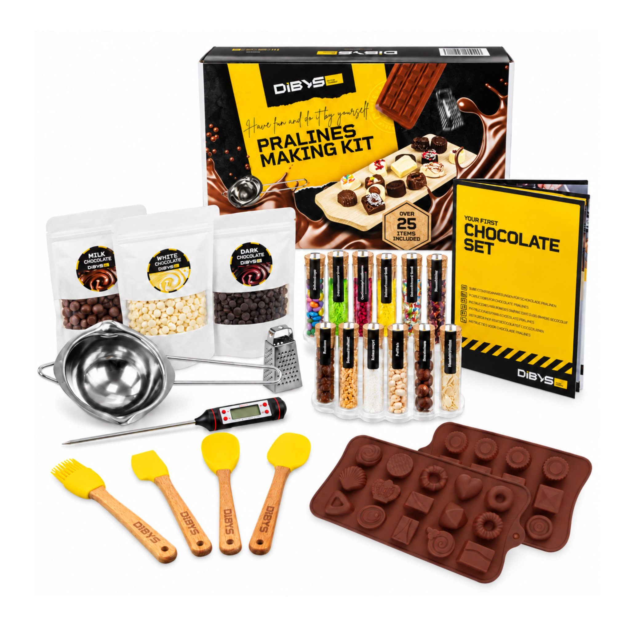 Kit pralinés DIY avec boîte, trois chocolats, douze garnitures, moules en silicone et ustensiles