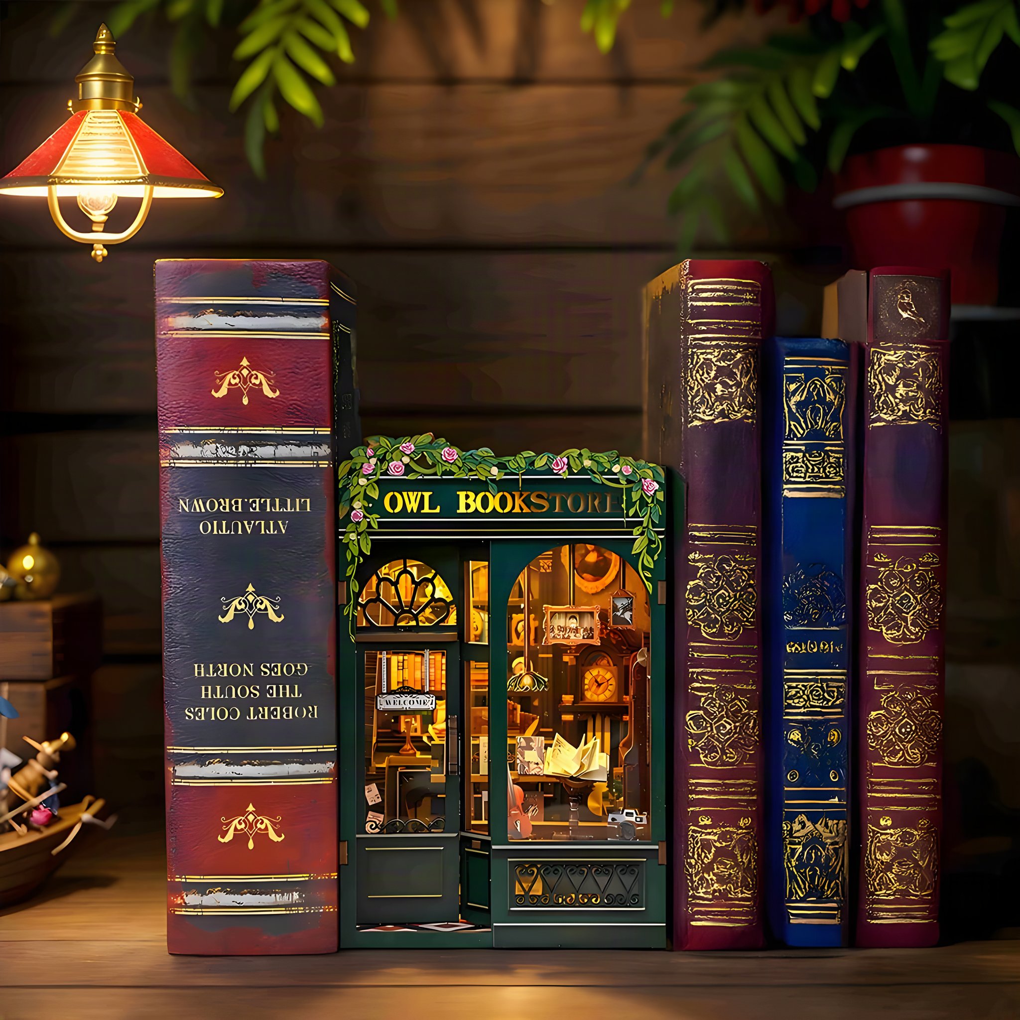 Librairie miniature éclairée à côté de vieux livres reliés sous une lampe rouge