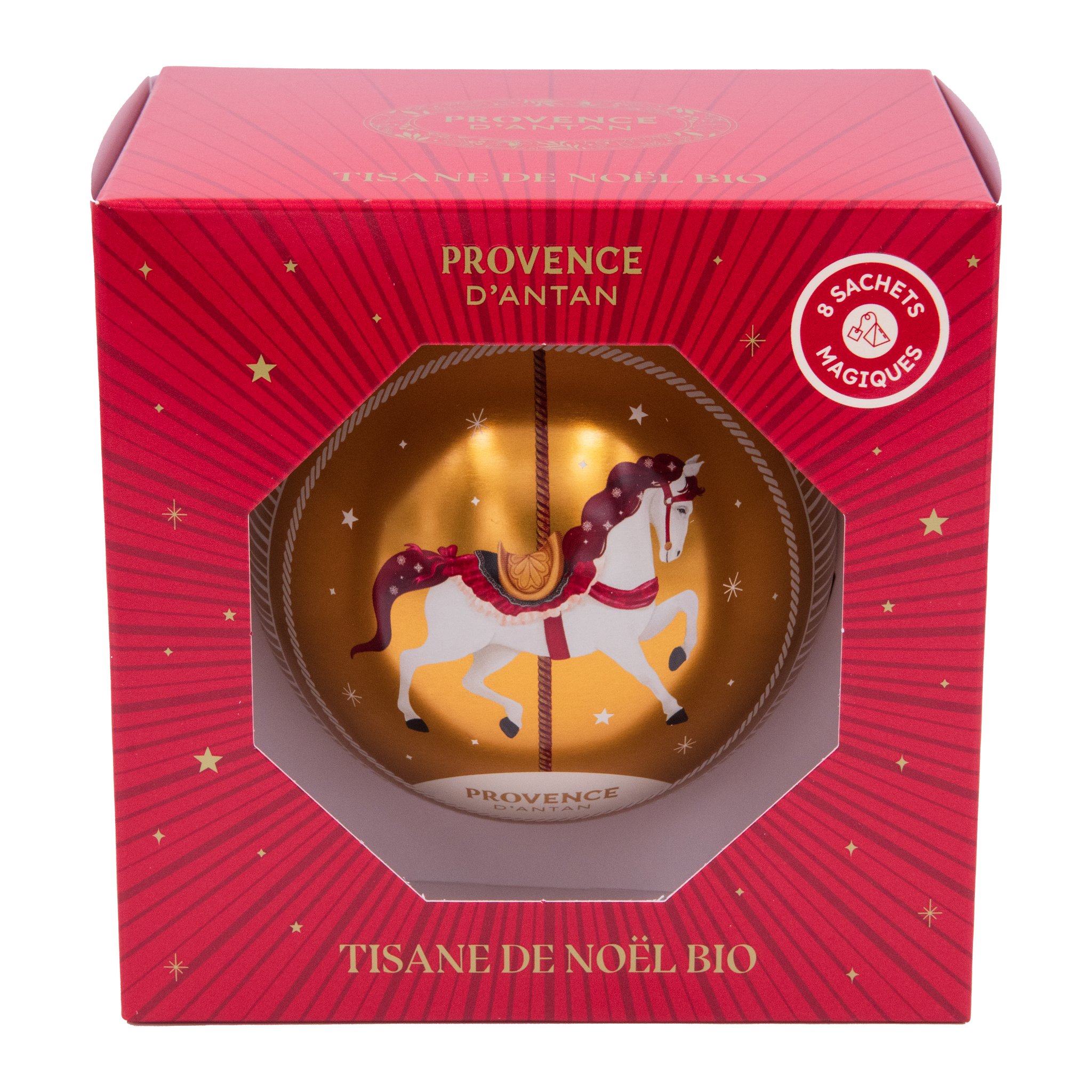 La boule dorée au cheval blanc, encadrée par la fenêtre octogonale du coffret rouge.