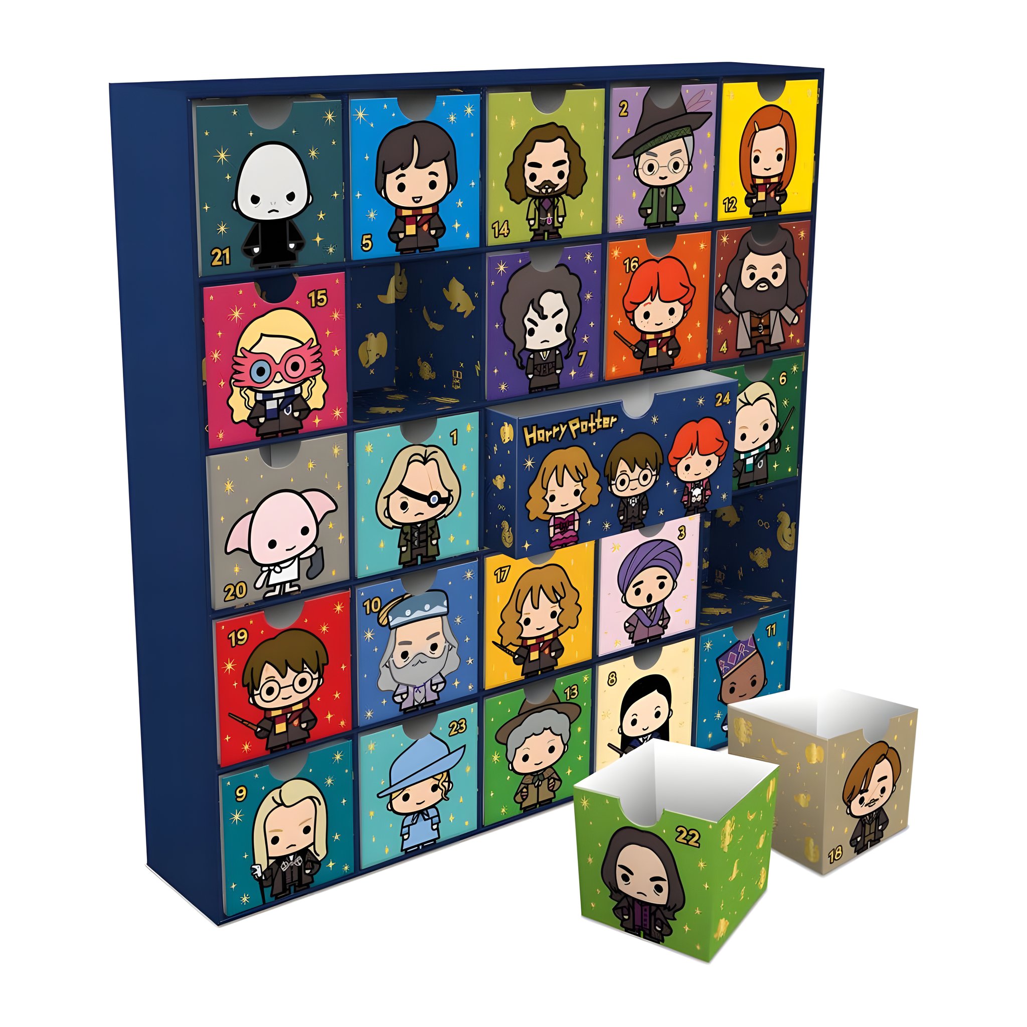 Harry Potter Adventskalender mit 24 Schubladen und Figuren, zwei Schubladen herausgenommen