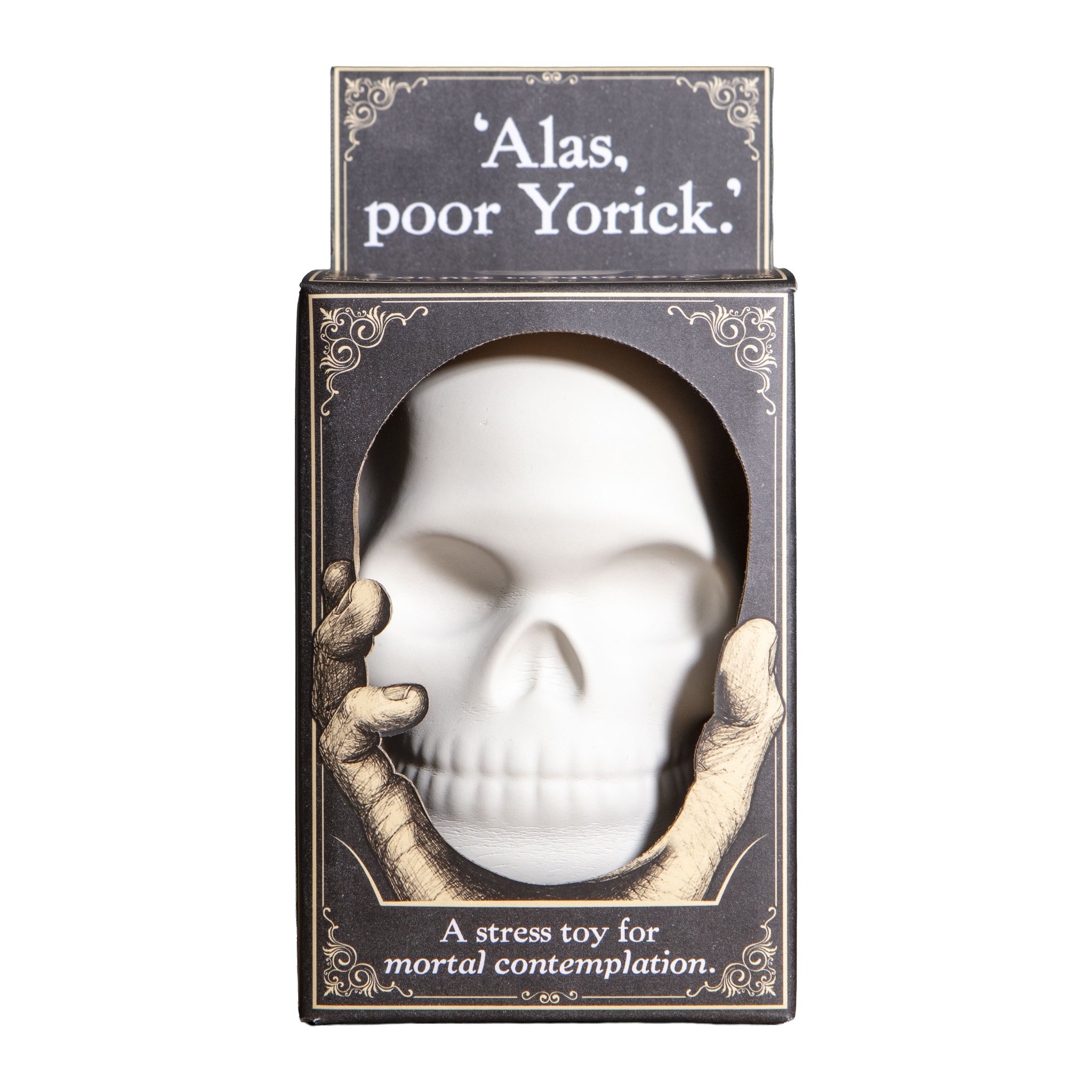 Boîte cadeau noire du squishy crâne Alas Poor Yorick vue de face, le crâne visible dans la fenêtre