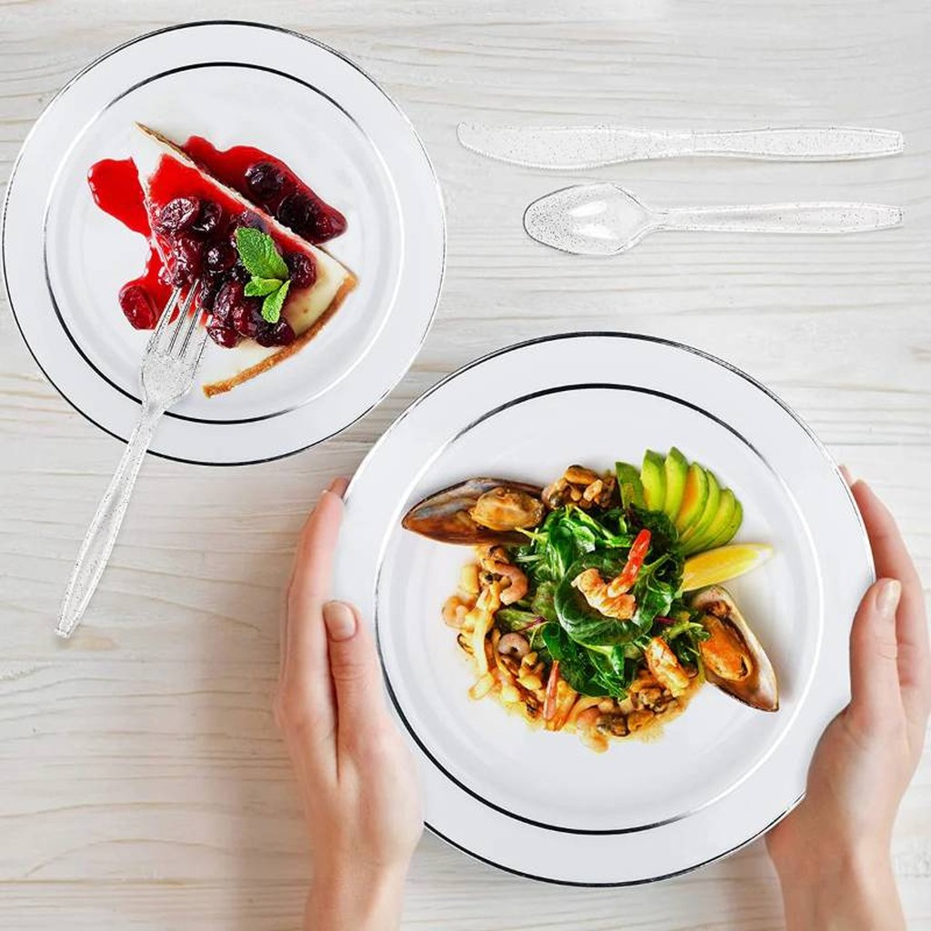 Wiederverwendbares Plastik-Silberrand-Party-Set