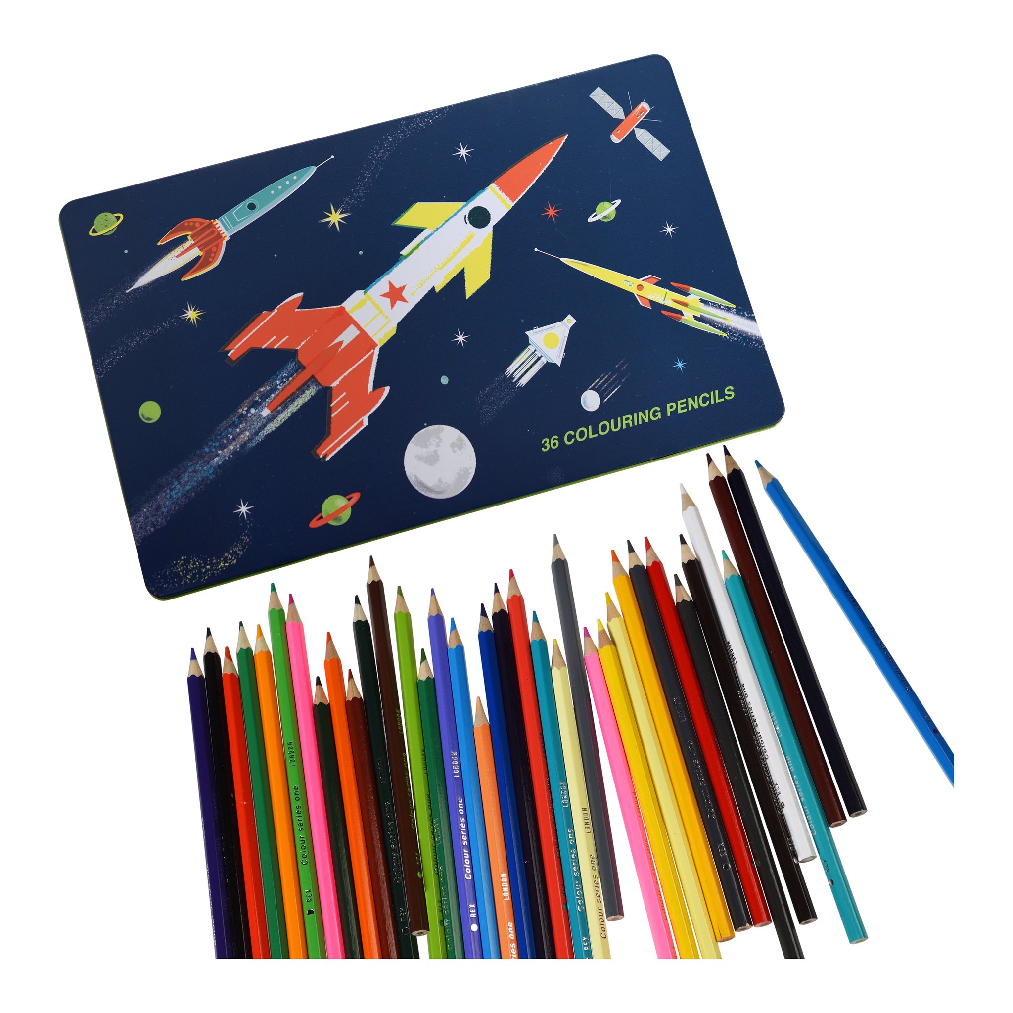 Space Age Buntstifte lose vor der Metalldose