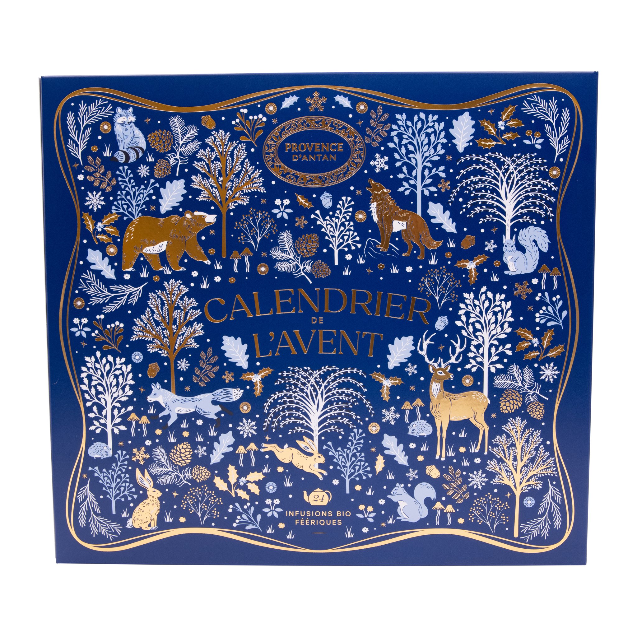 Fronte del calendario di tisane con animali del bosco dorati