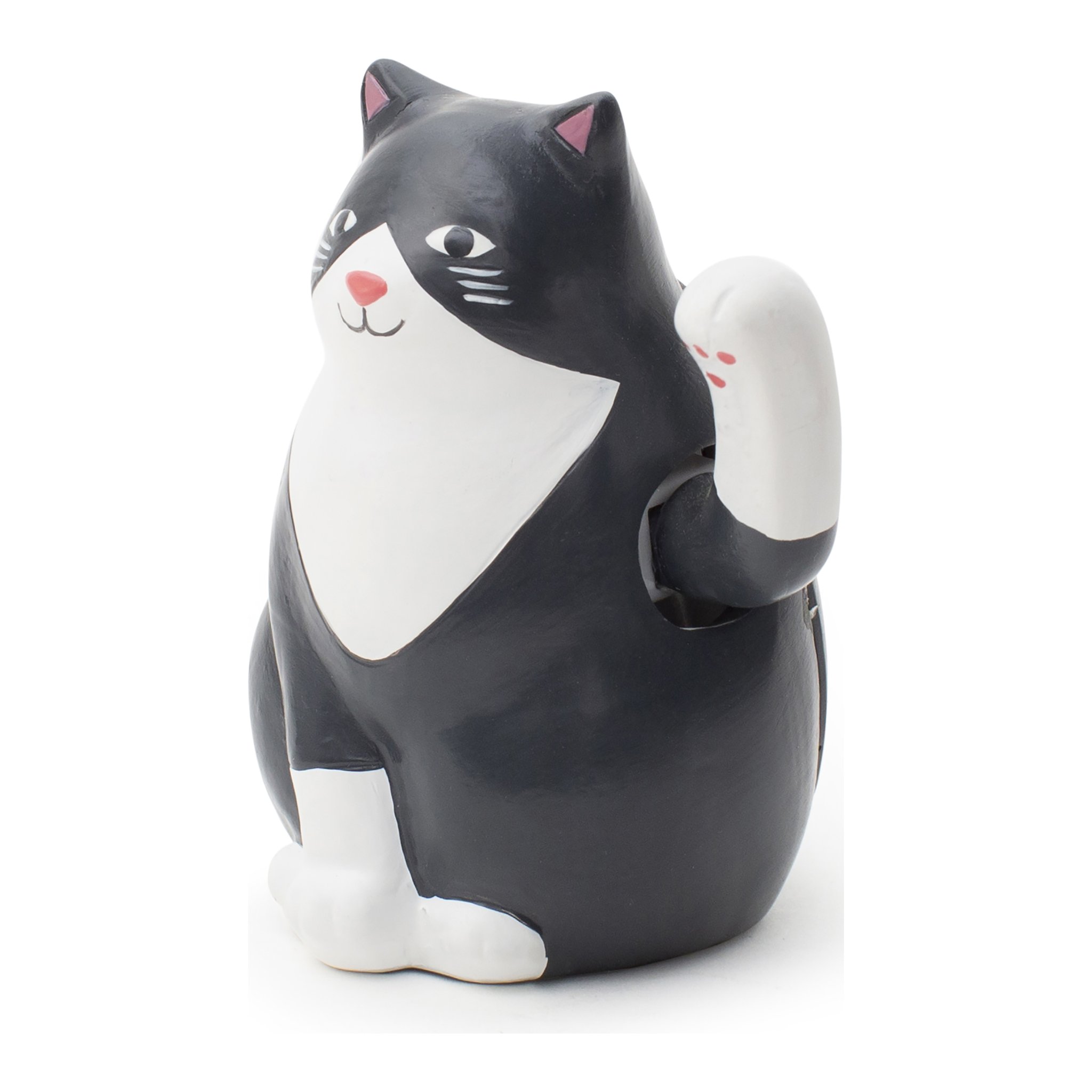 Black and white solar cat with waving paw