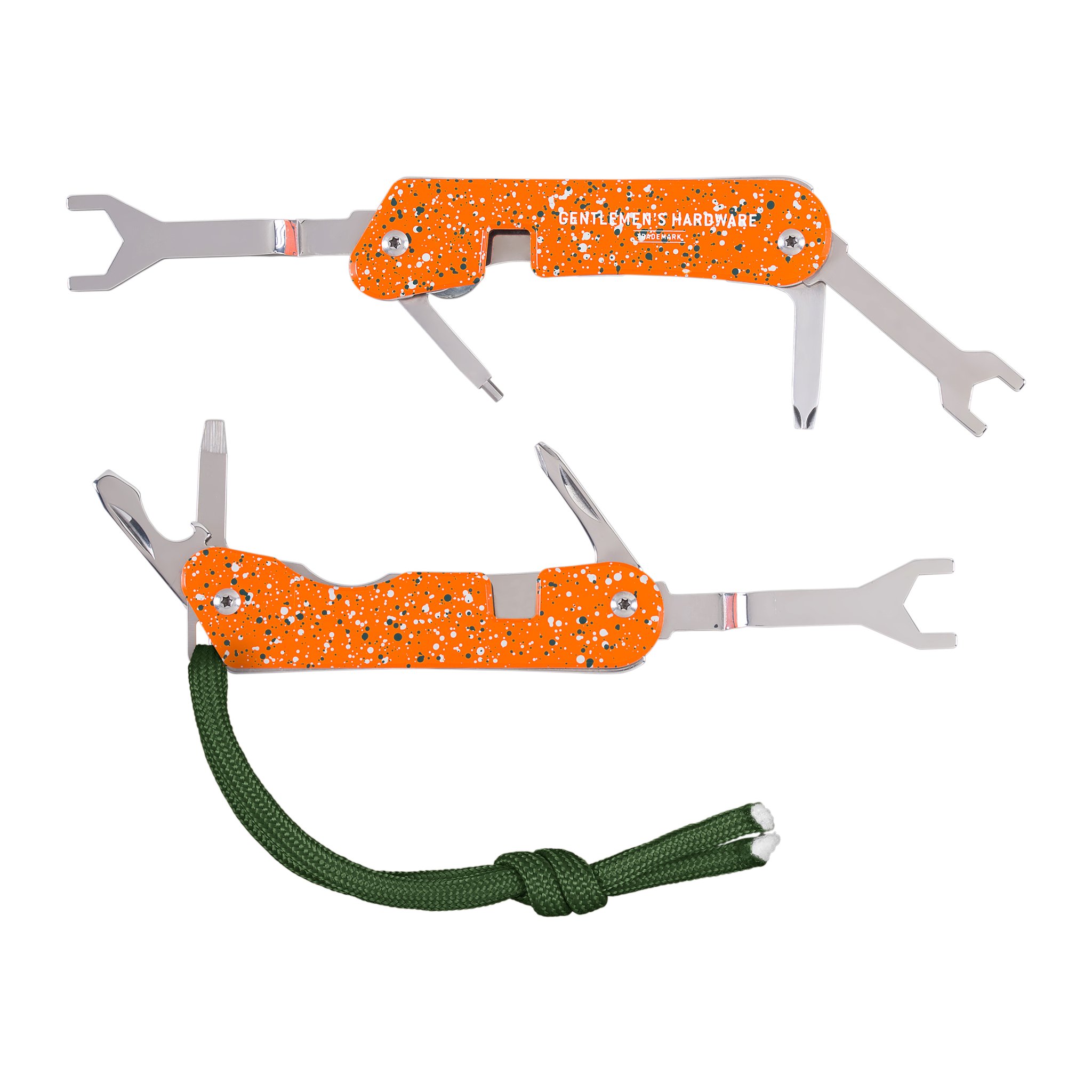 Les deux faces du Multi-Outil Adrénaline orange moucheté, avec cordon vert et outils dépliés