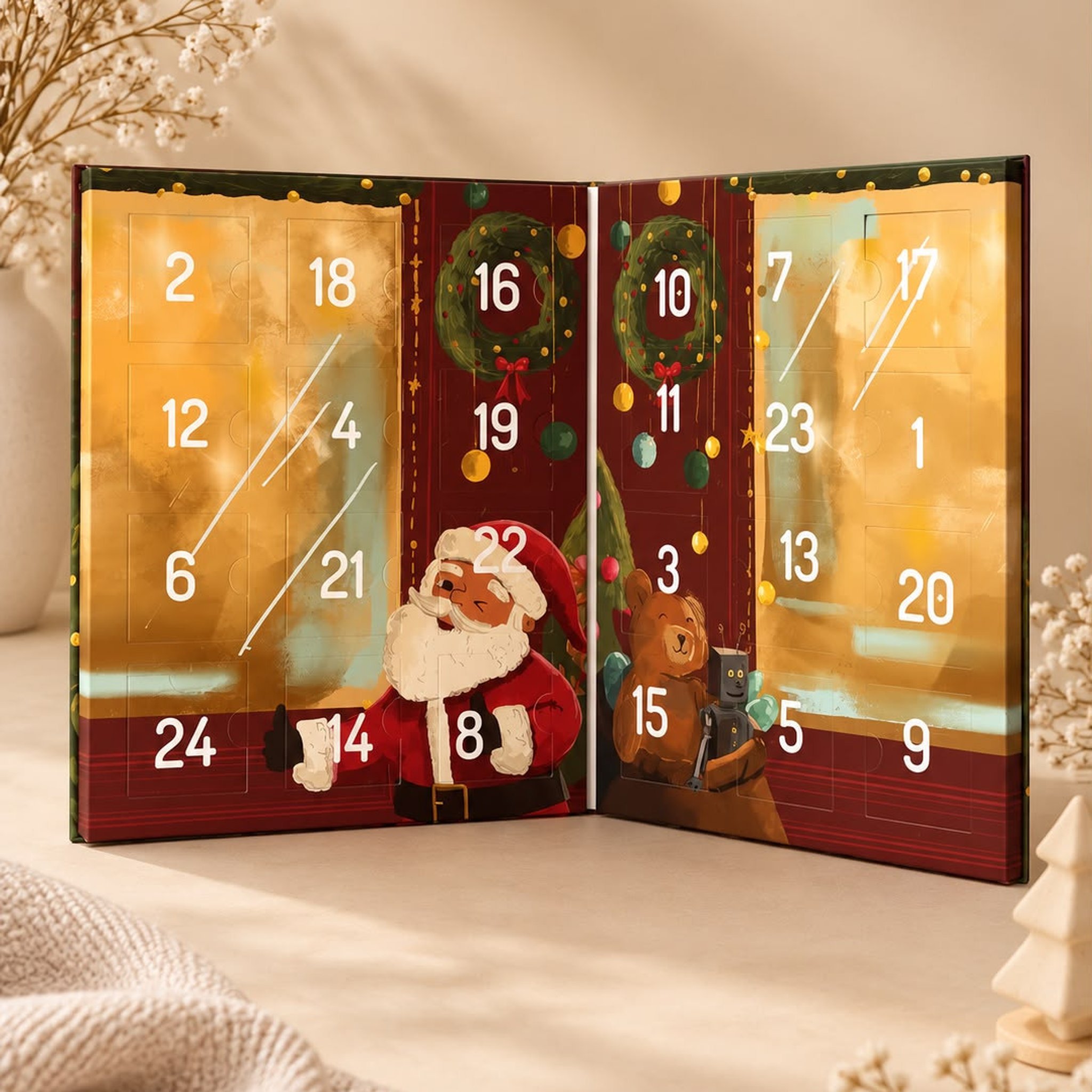 Aufgeklappter Tattoo-Adventskalender mit 24 Türchen, Weihnachtsmann und Teddybär auf der Innenseite