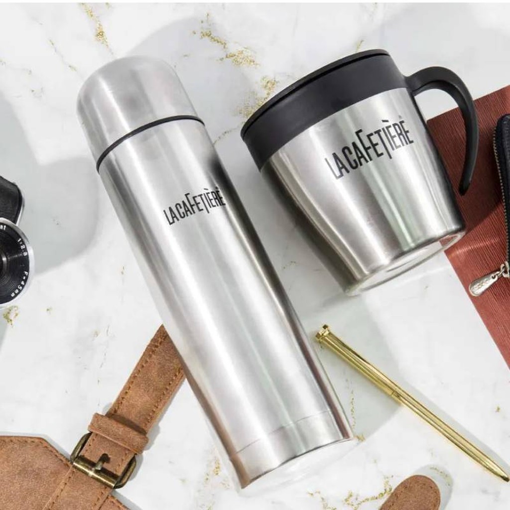 La Cafetière Coffee Gift Set with Thermal Flask, Travel Mug with Lid, Ground Coffee and Whole Wheat Cookies