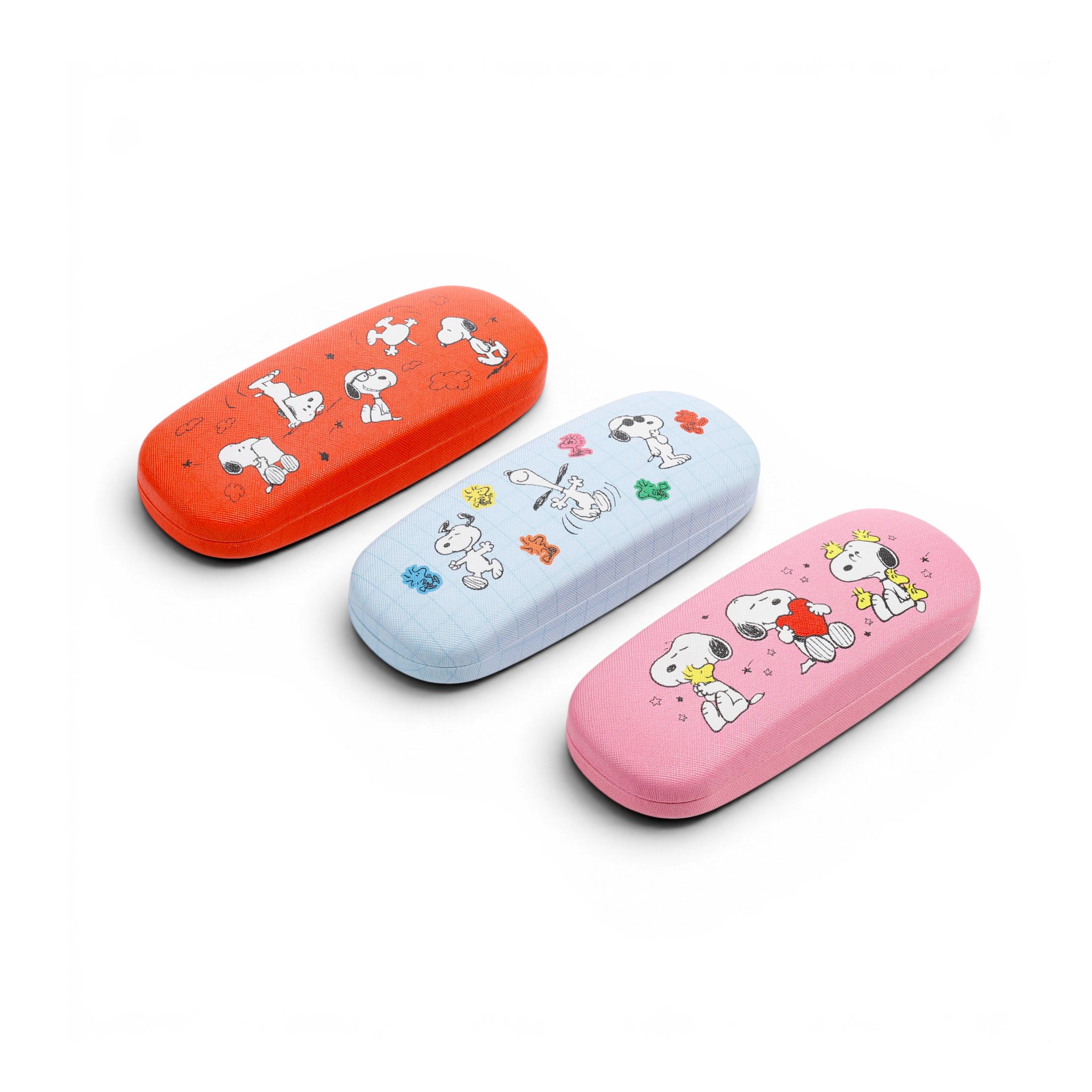 3er-Set Peanuts Snoopy Brillenetuis in Rot, Hellblau und Rosa
