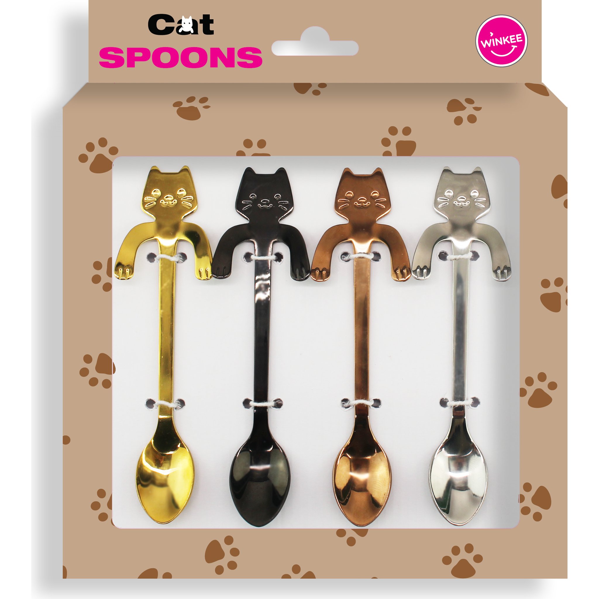 Set di quattro cucchiaini gattino in oro, nero, rame e argento nella confezione