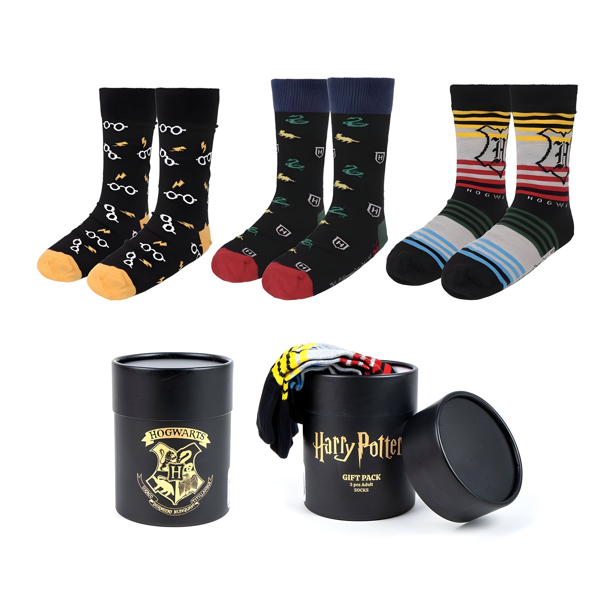 Coffret chaussettes Harry Potter : 3 paires et boîte cadeau noire avec blason de Poudlard