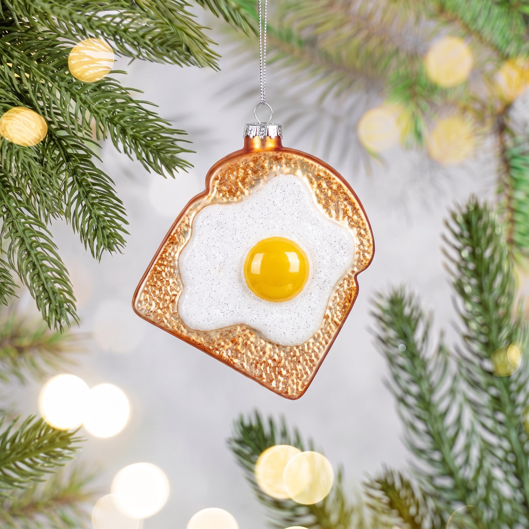 Spiegelei-Toast Weihnachtsschmuck von Sass & Belle am Tannenzweig mit Lichterglanz