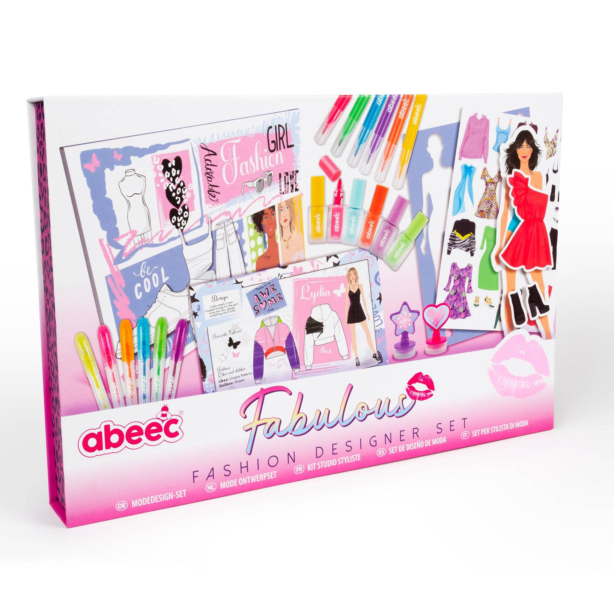 Geschlossene Box des Modedesigner-Sets von vorn, daneben Stifte und Sticker