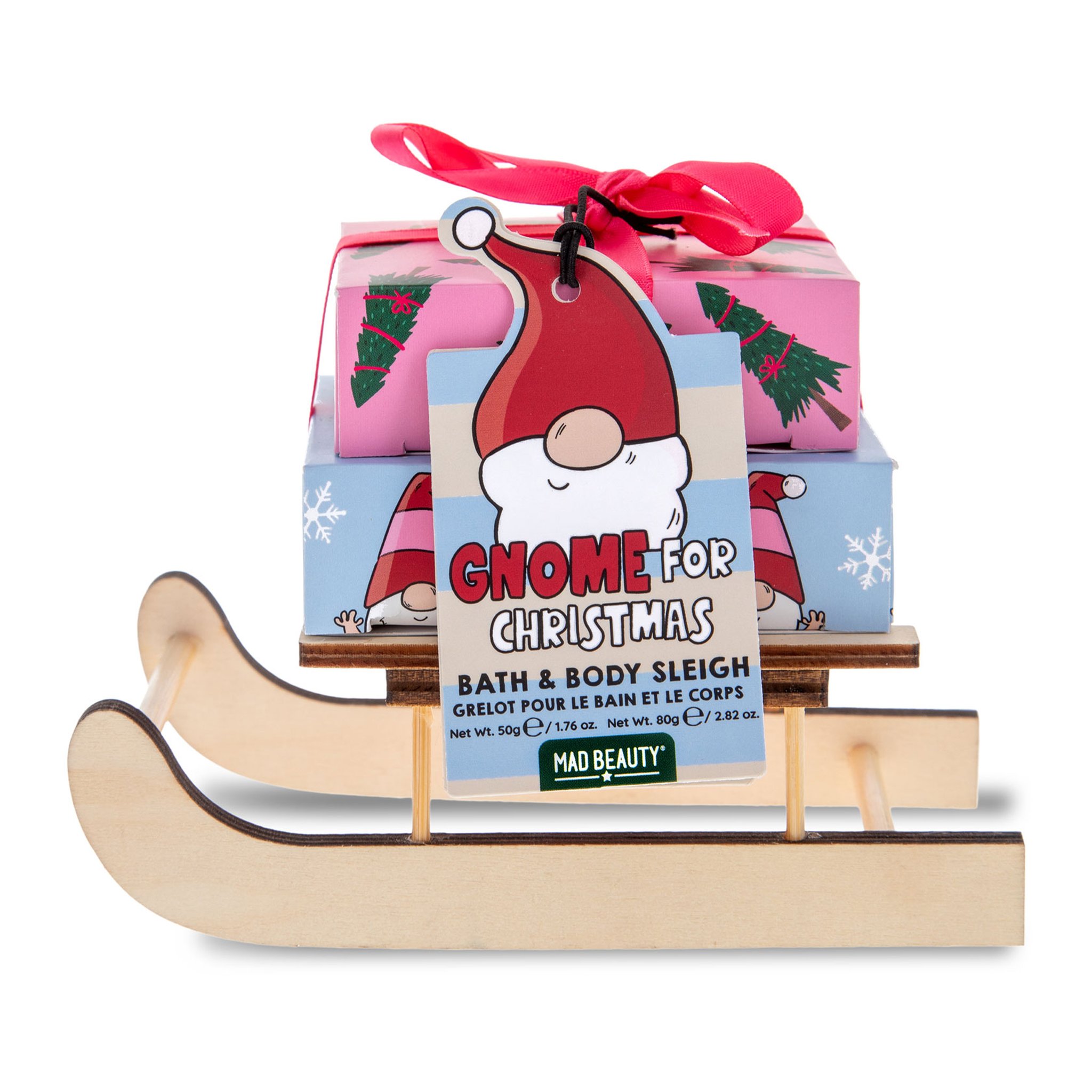 Holzschlitten mit zwei Wichtel-Geschenkschachteln und roter Schleife