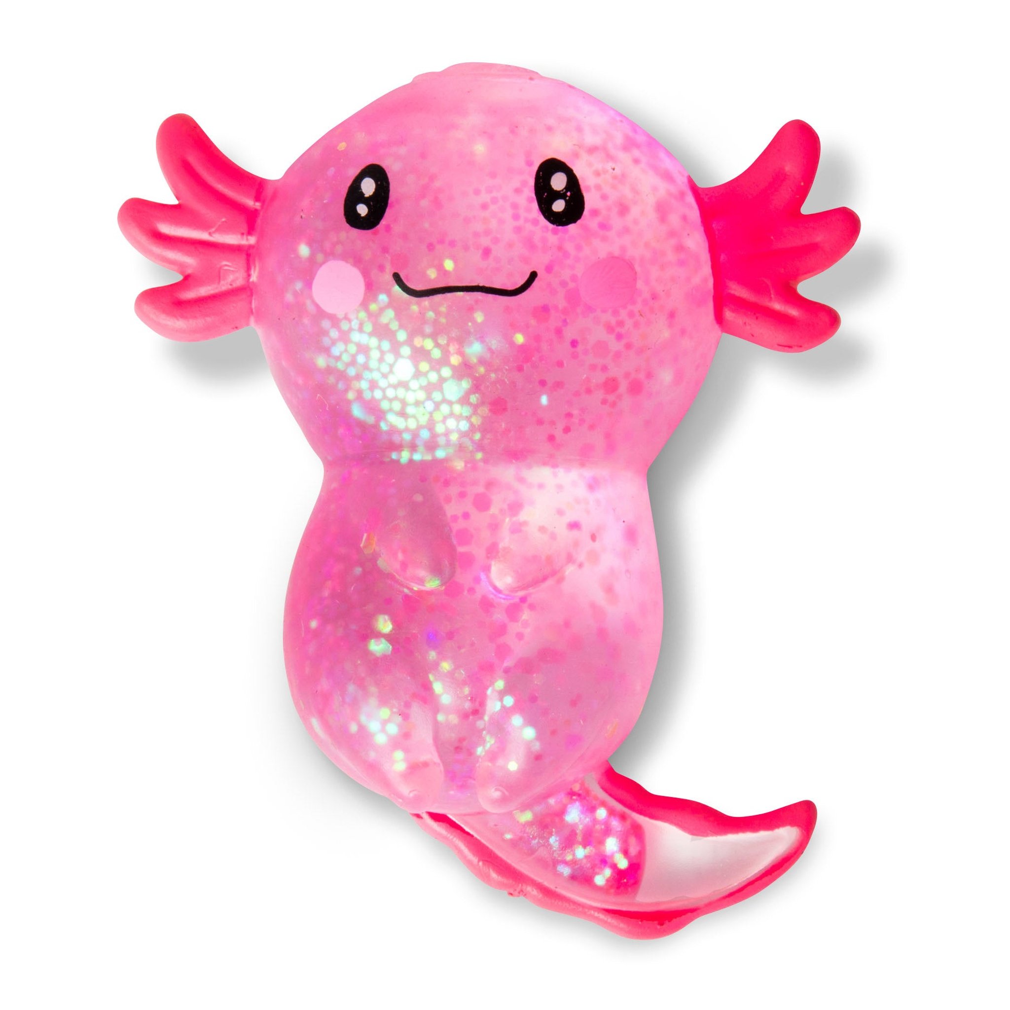 Pinker Axolotl-Squishy von Scrunchems mit funkelndem Glitzer im durchscheinenden Körper