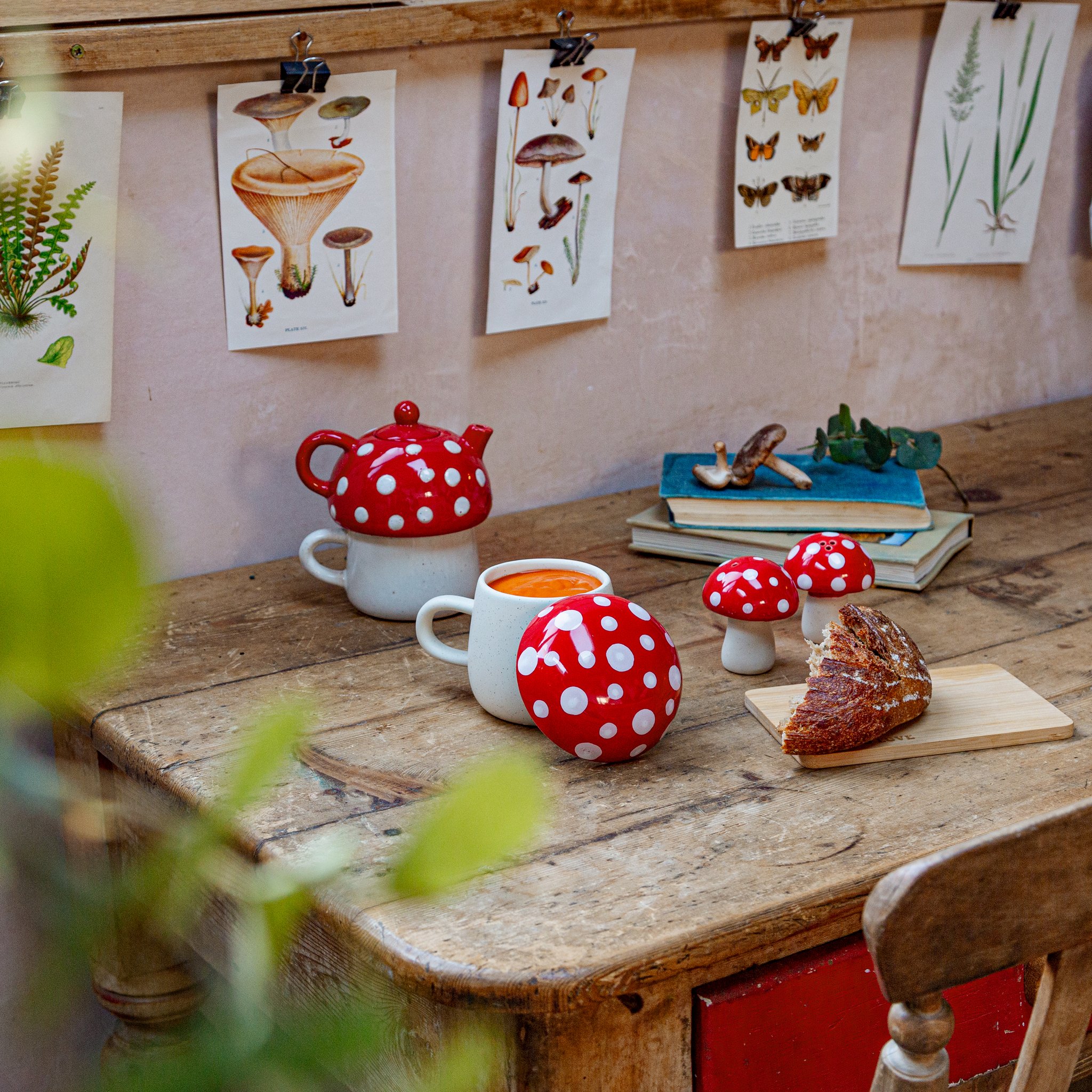 Tazza fungo con teiera e collezione funghi su tavolo di legno