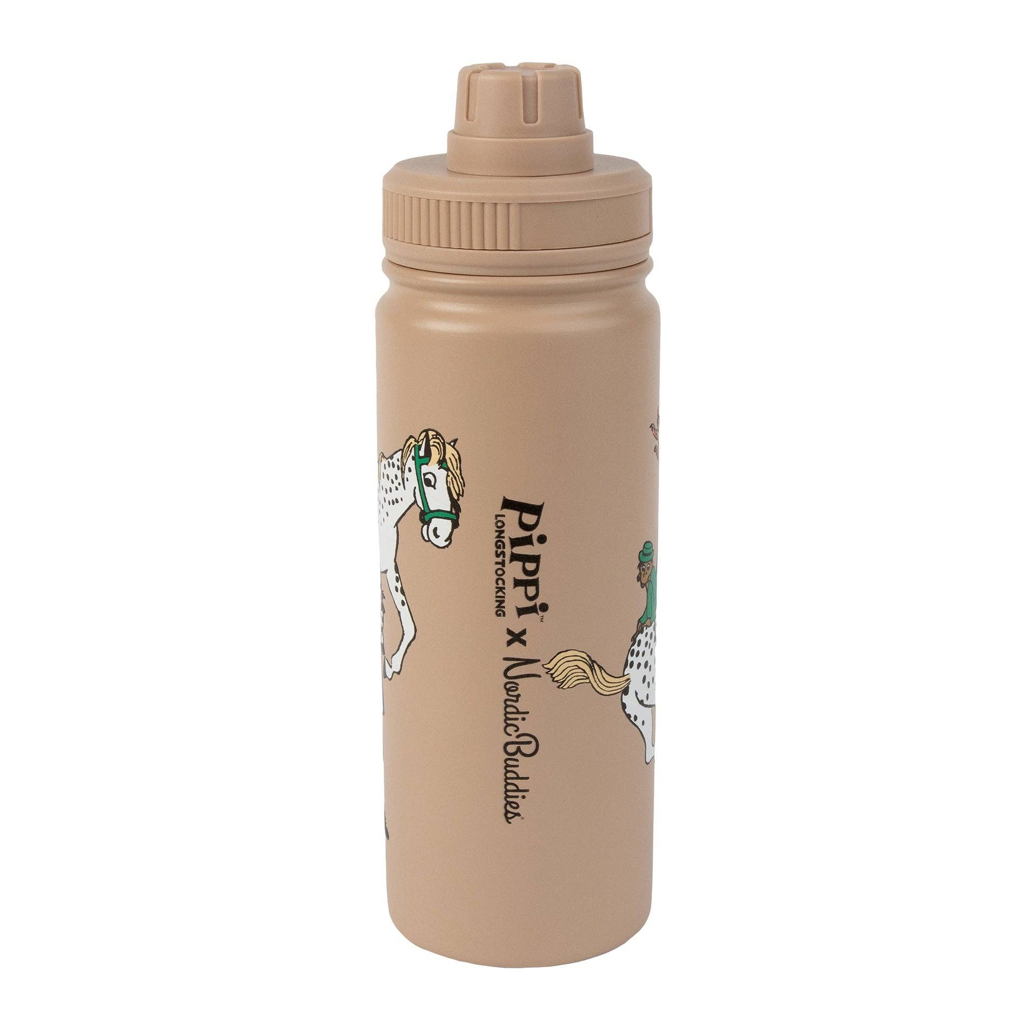 Side view of the Pippi thermal bottle with Pippi x Nordicbuddies lettering