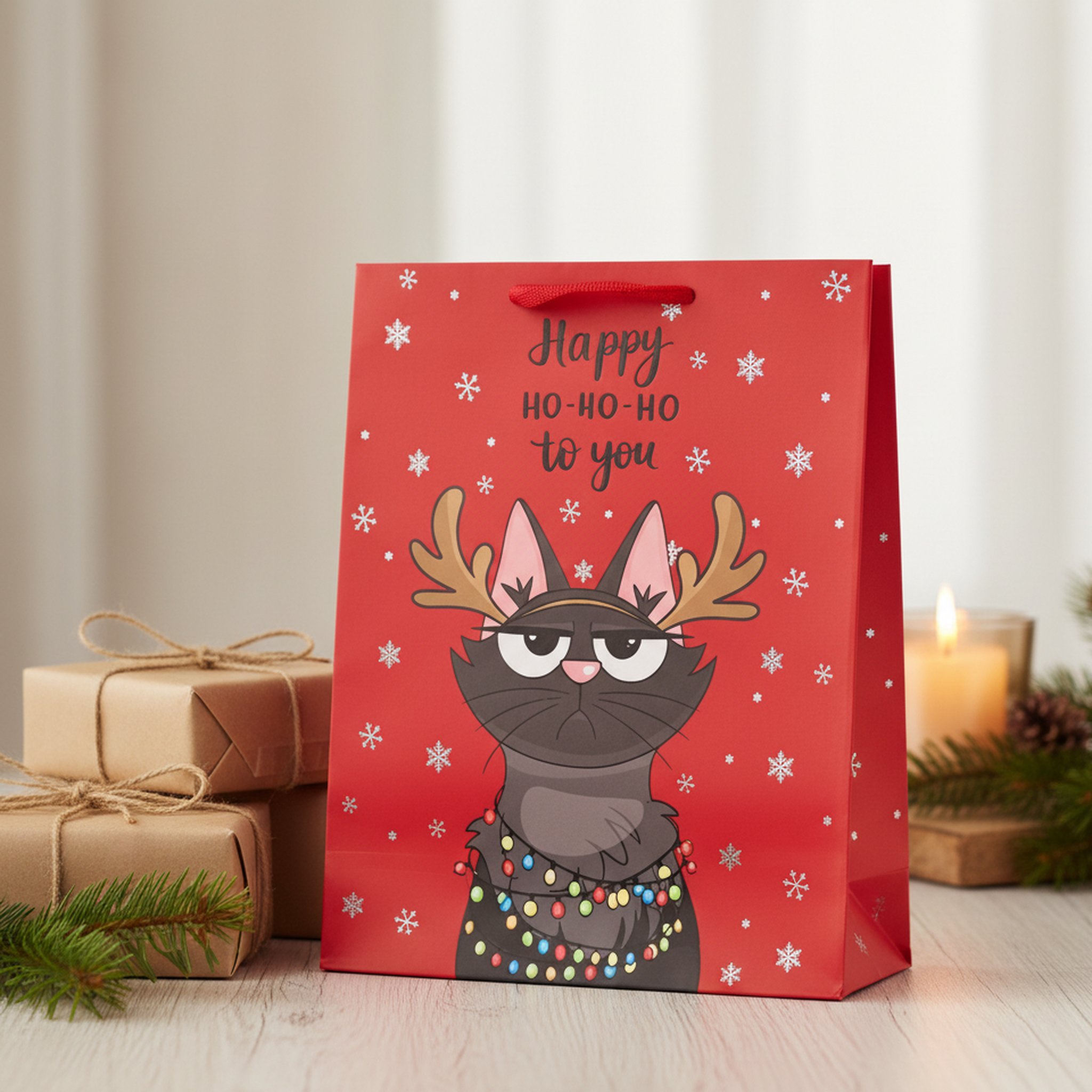 Sacchetto regalo rosso con gatto natalizio accanto a pacchetti in carta kraft e rami di abete