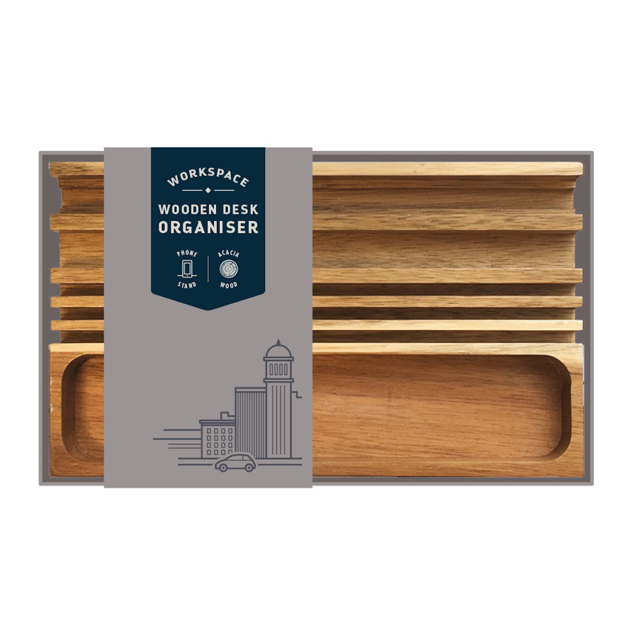 Schreibtisch-Organizer aus Holz in der Verpackung mit grauer Banderole und Stadtmotiv, Draufsicht