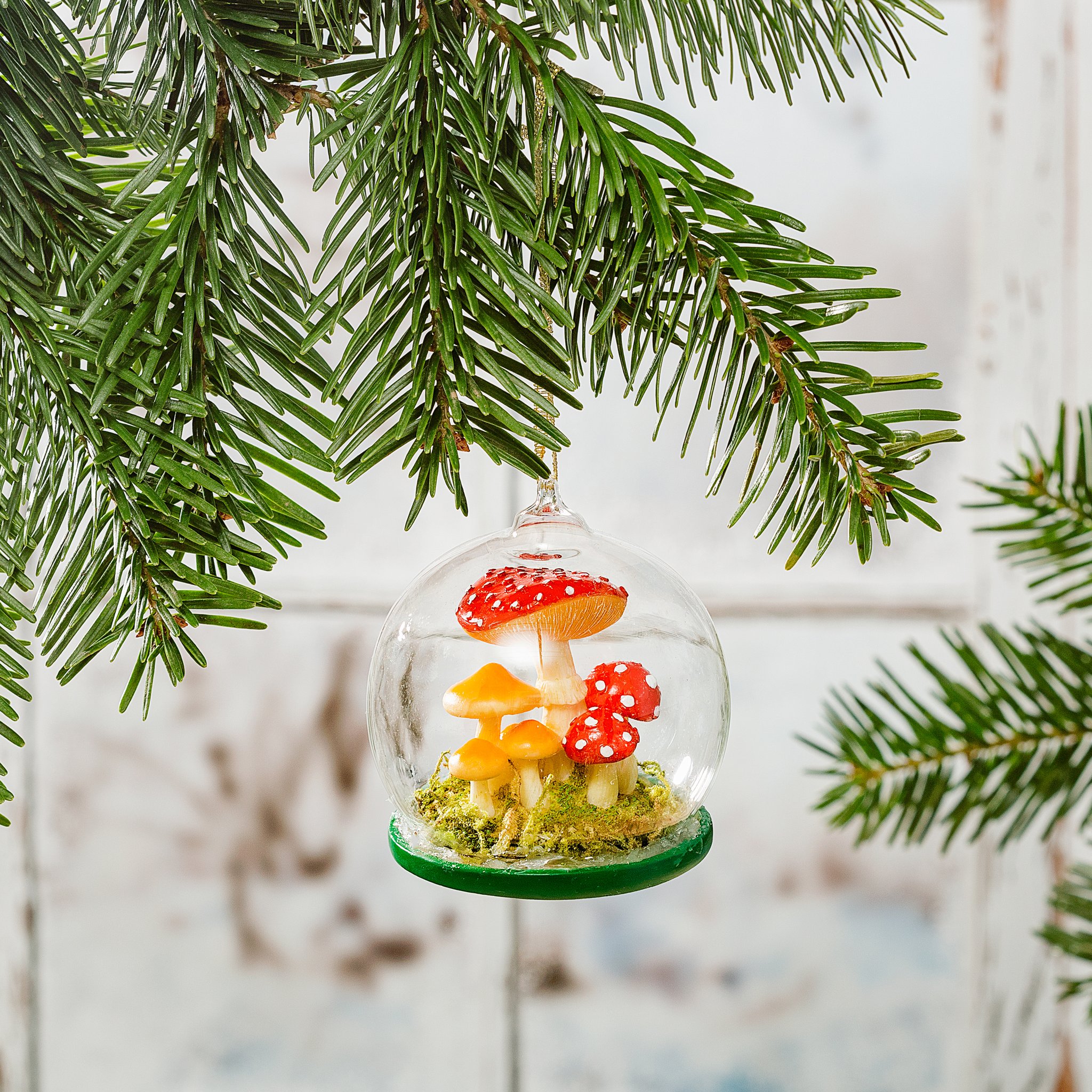 Woodland mushroom Christmas bauble hanging on a fir branch in front of a bright window