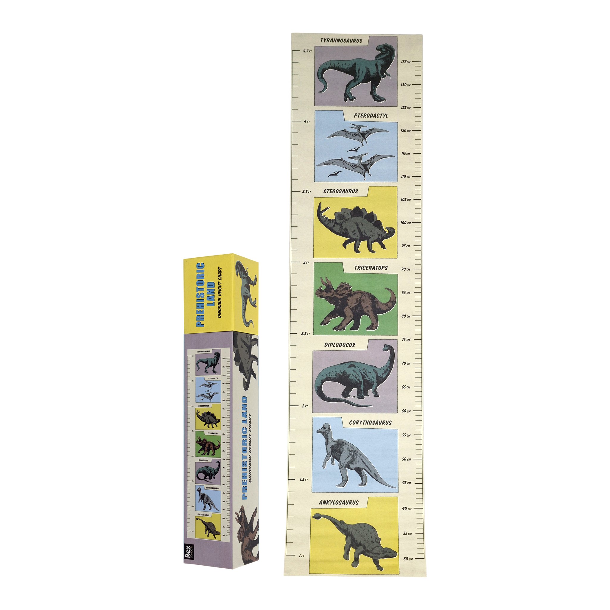 Dino-Messlatte aufgerollt neben der Verpackung «Prehistoric Land»