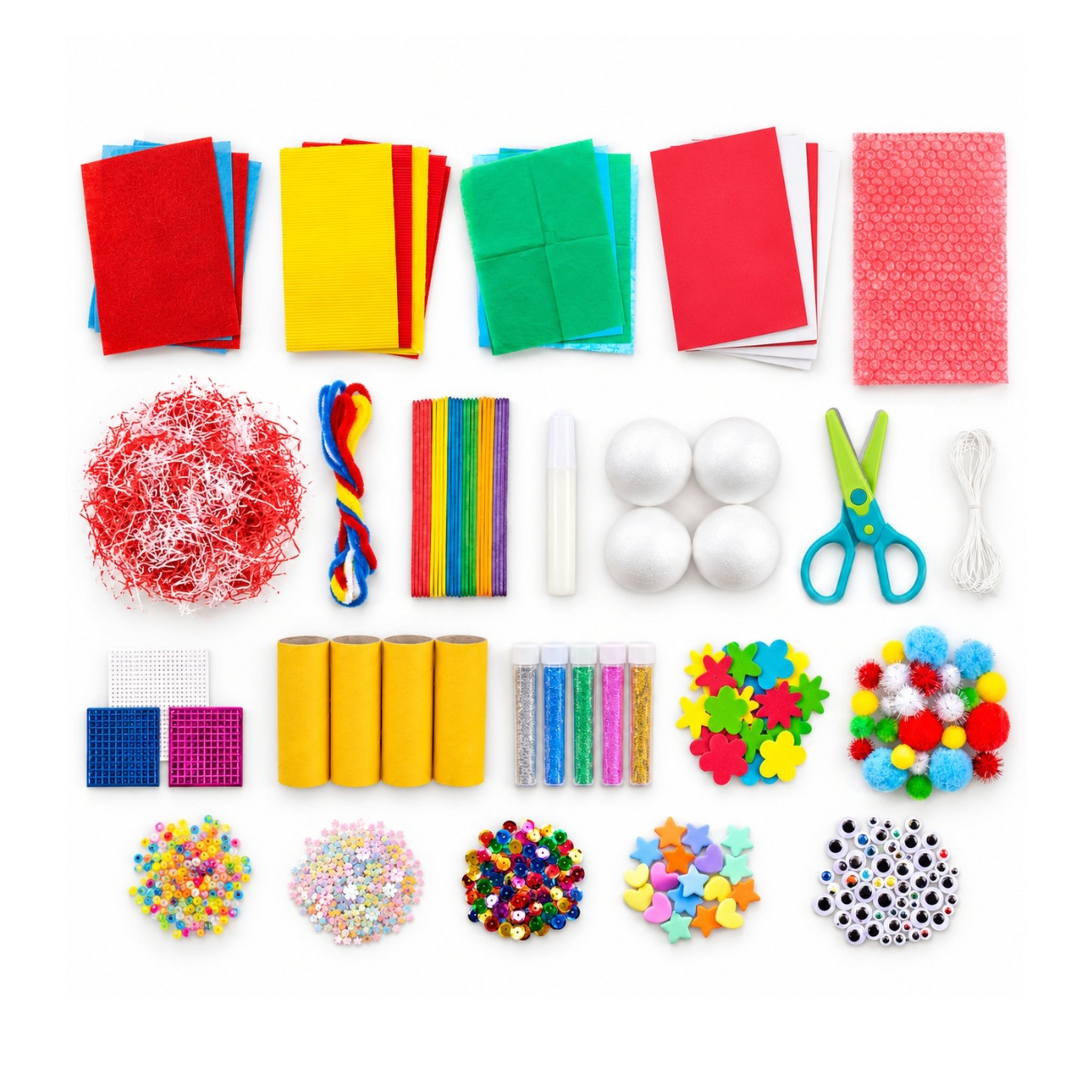 Contents of the giant craft box laid out: felt sheets, pipe cleaners, paper tubes, glitter glue, pom poms and wiggly eyes