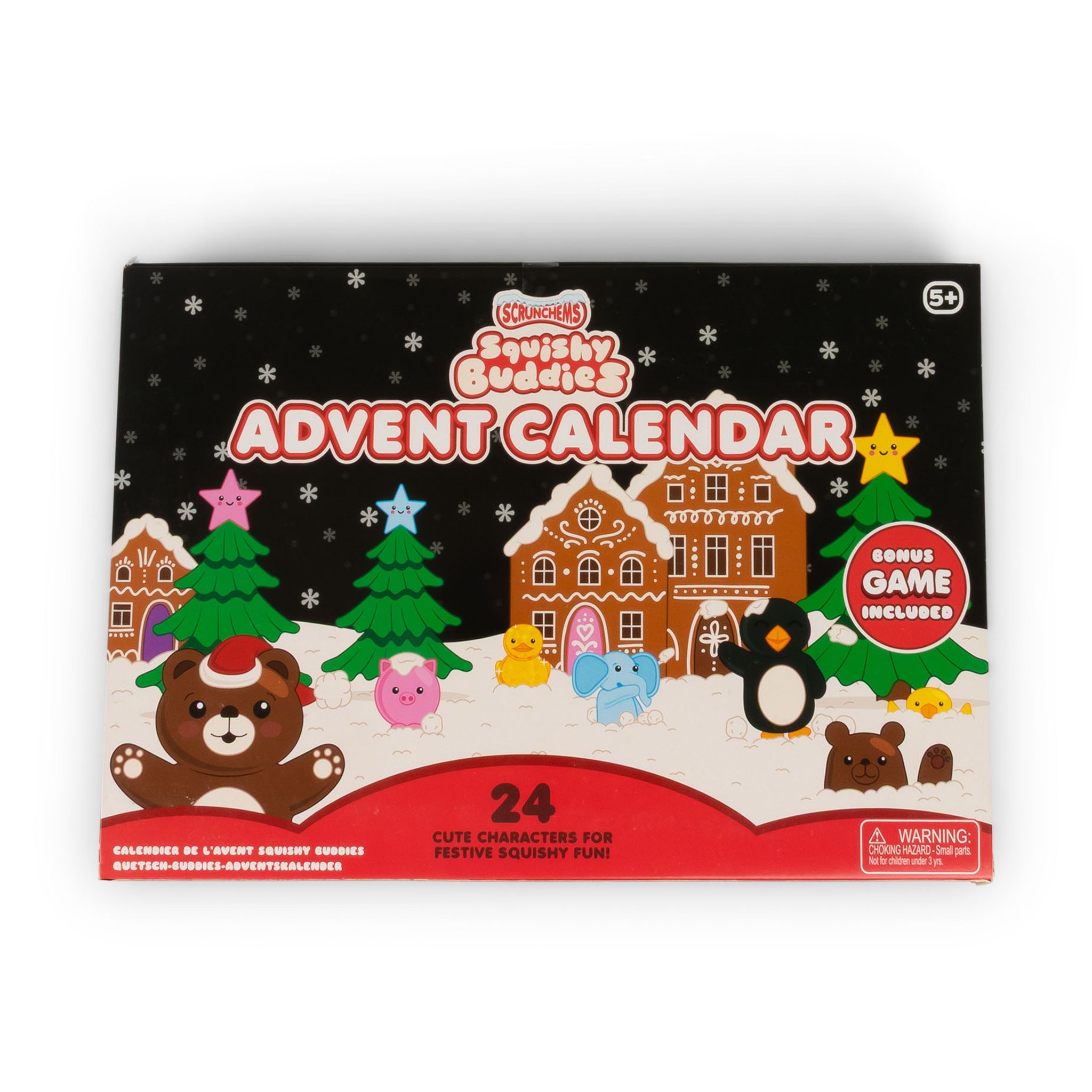Vorderseite der Verpackung mit Lebkuchen-Dorf, Bär und Pinguin im Schnee