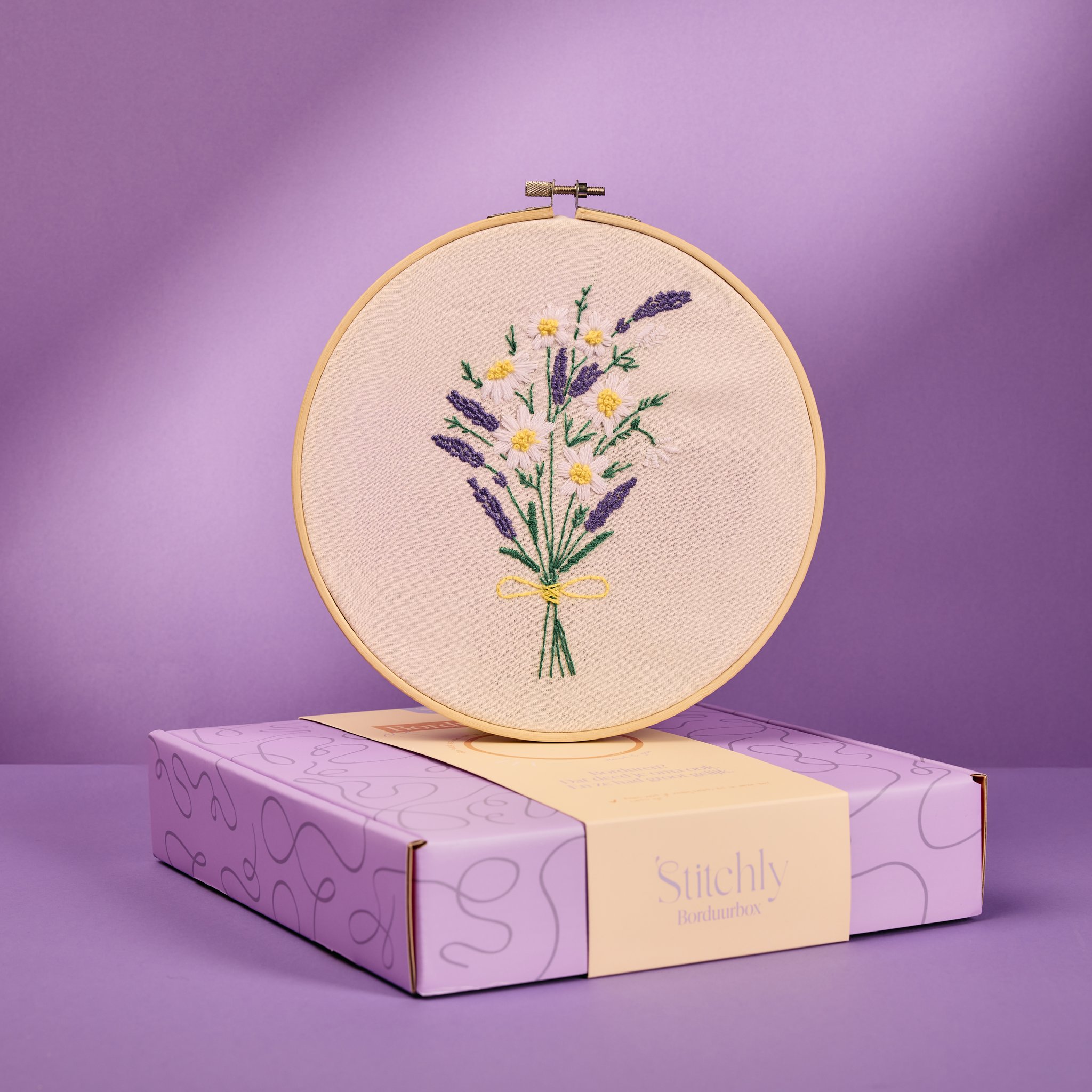 Lavender Bouquet Embroidery Kit with Hoop by Stitchly – embroidery hoop with lavender bouquet on the box