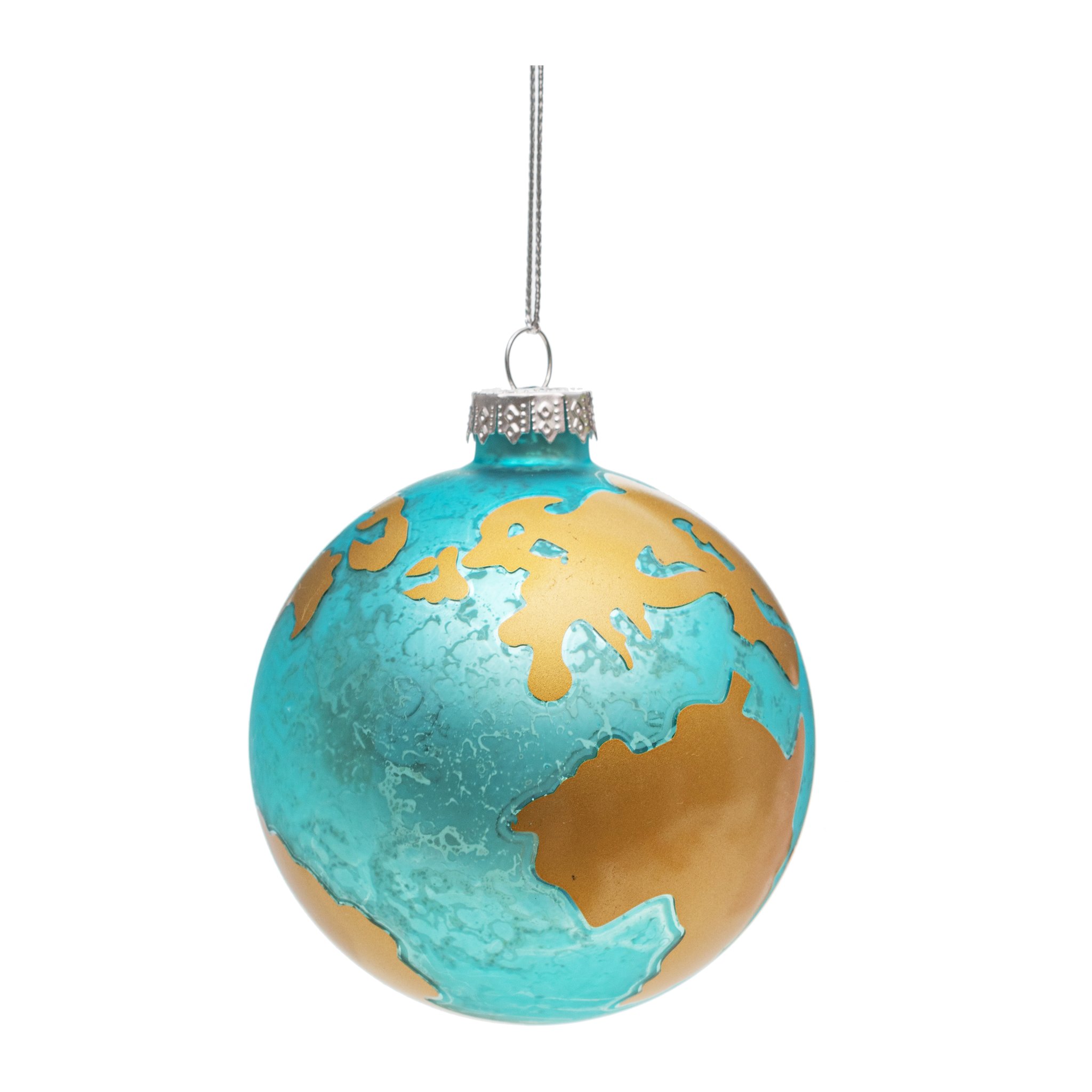 Another view of the glass globe bauble with gold continents