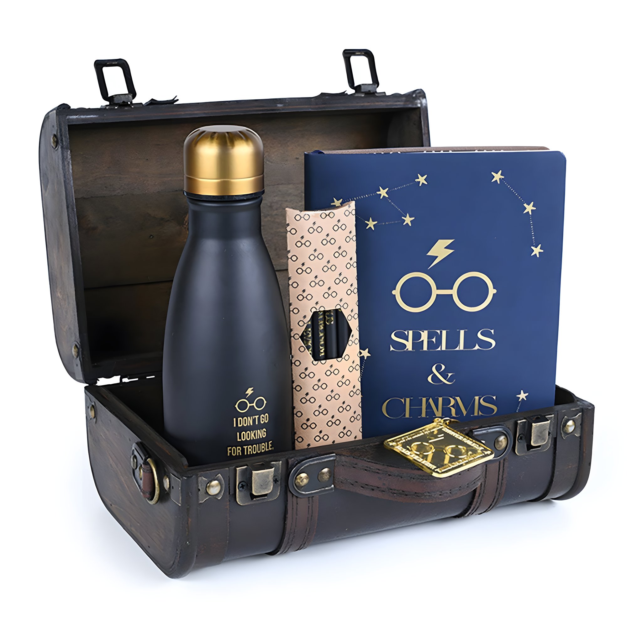 Geöffneter Hogwarts-Koffer mit Trinkflasche, Bleistiften, Notizbuch und Brillen-Schlüsselanhänger