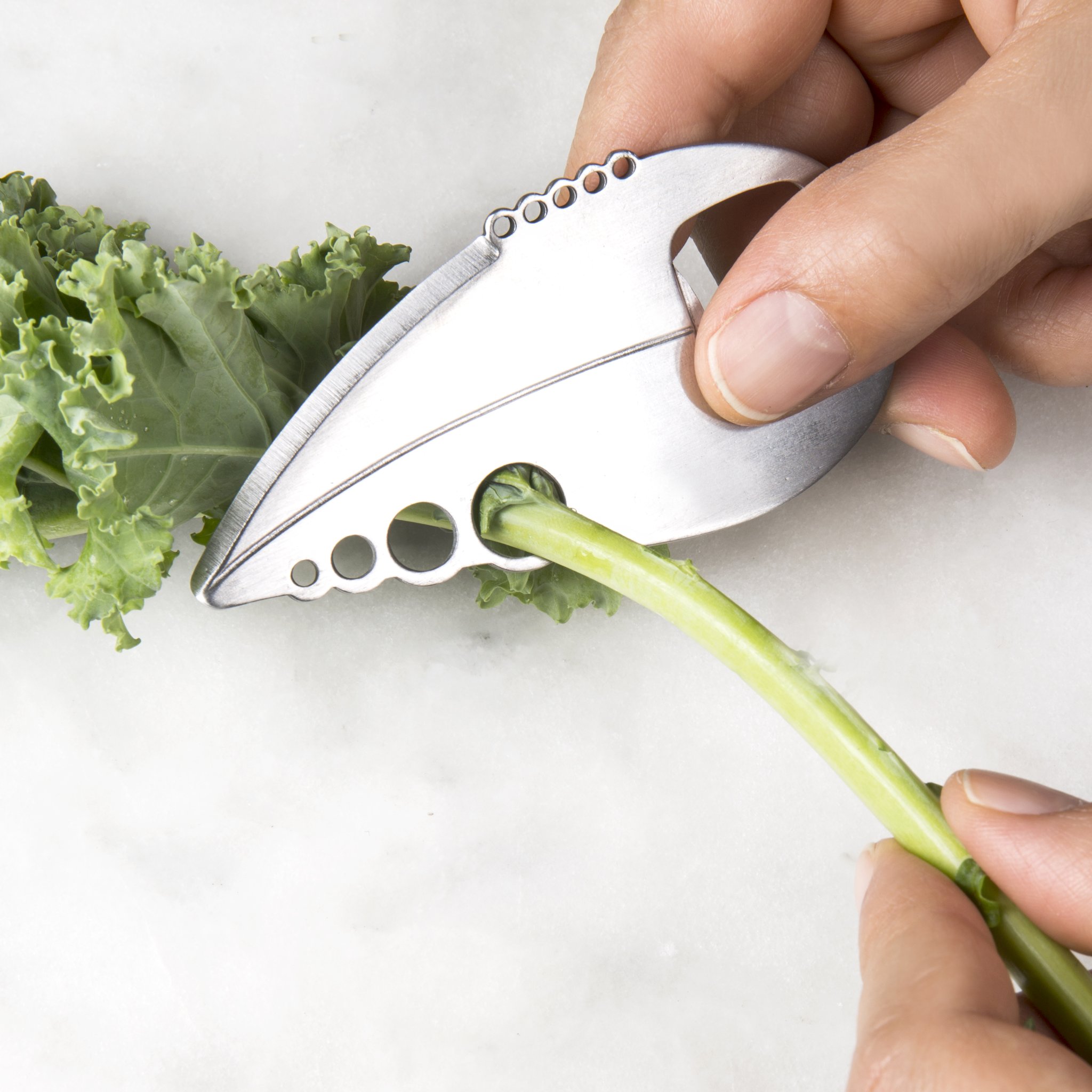 Kale leaf stripped from the stem with the multitool
