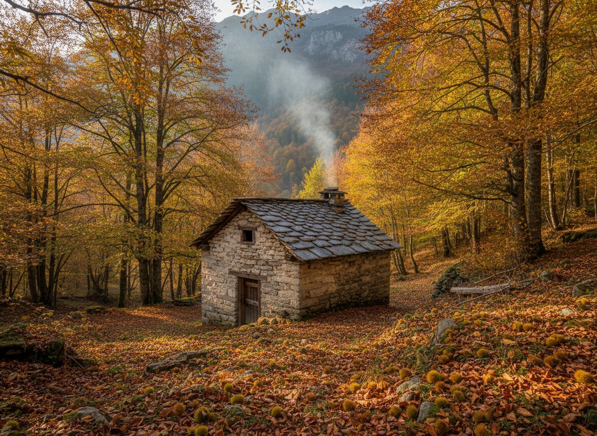 Vecchio essiccatoio in pietra in un castagneto autunnale in Ticino