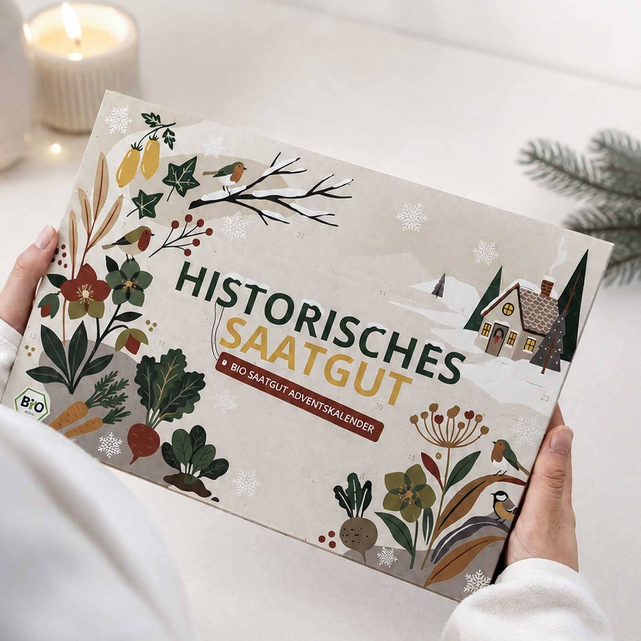 Hände halten den Historisches Saatgut Adventskalender neben Kerze und Tannenzweig