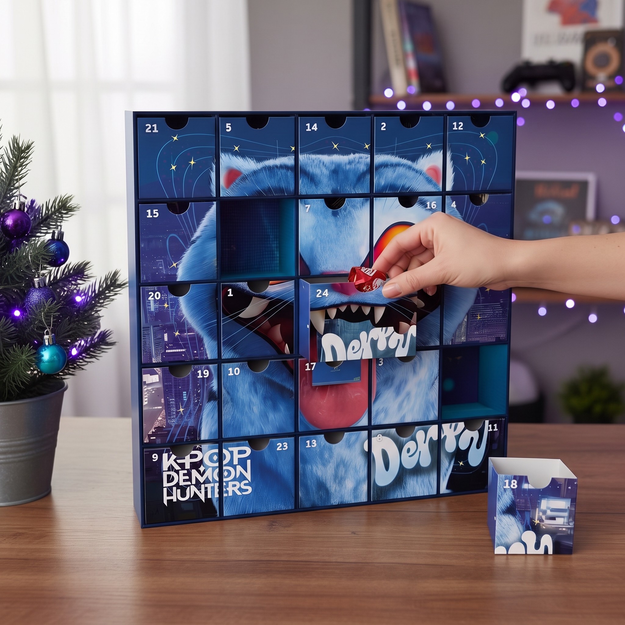 Hand legt ein Bonbon in eine Schublade des KPop Demon Hunters Adventskalenders