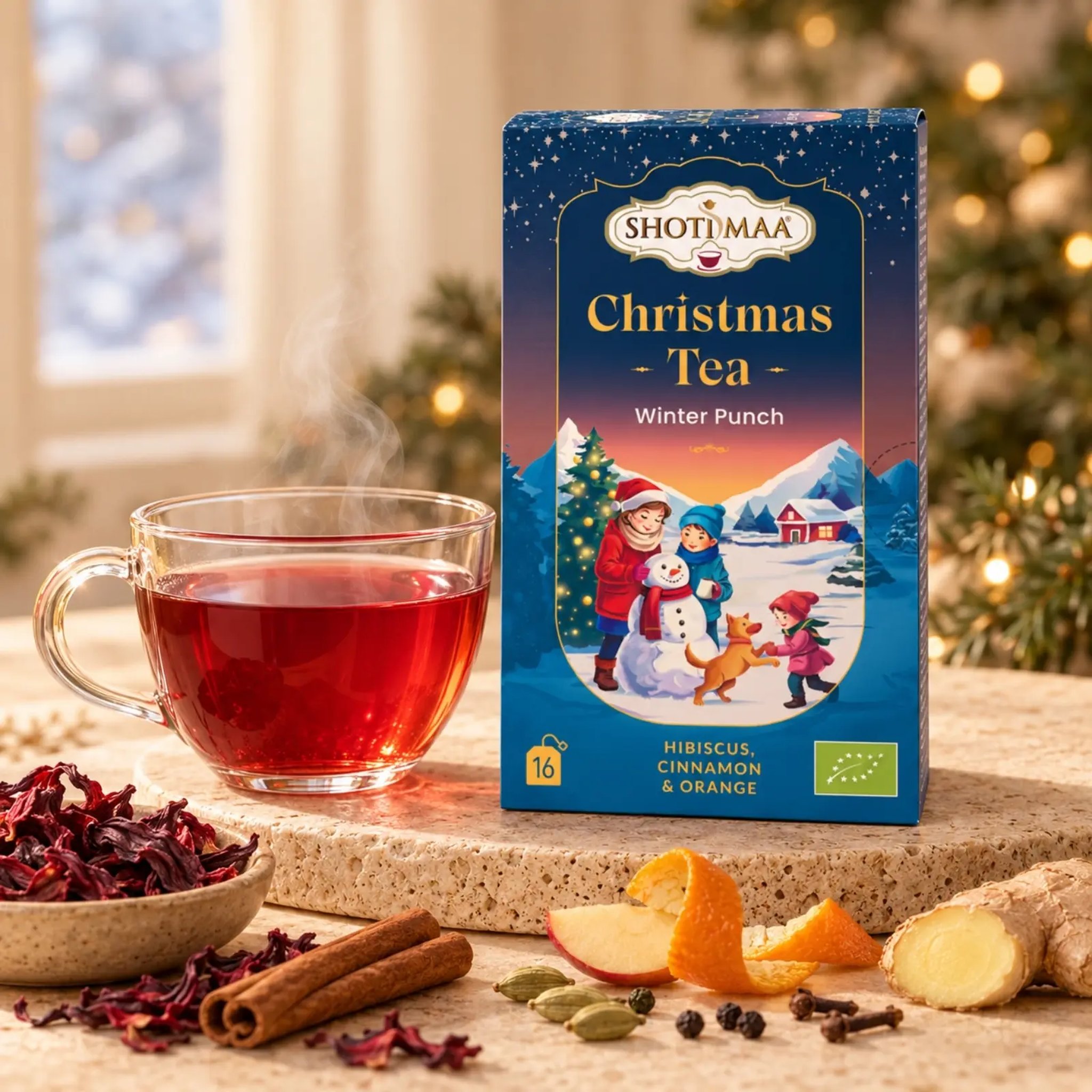 Christmas Tea Winter Punch box beside a cup of red tea, hibiscus, cinnamon and orange