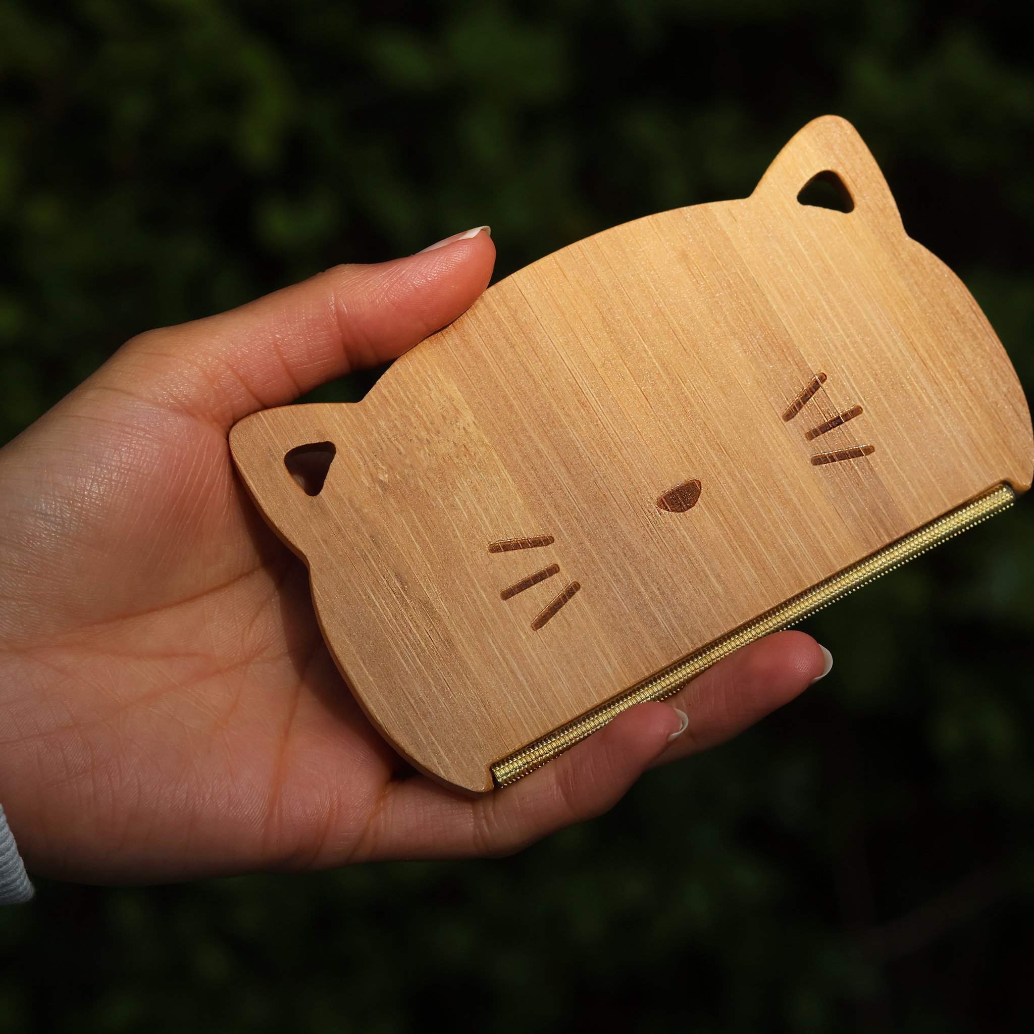 Pikkii Cat Hair Remover – Bambus-Katze in der Hand vor grünem Hintergrund, Lifestyle