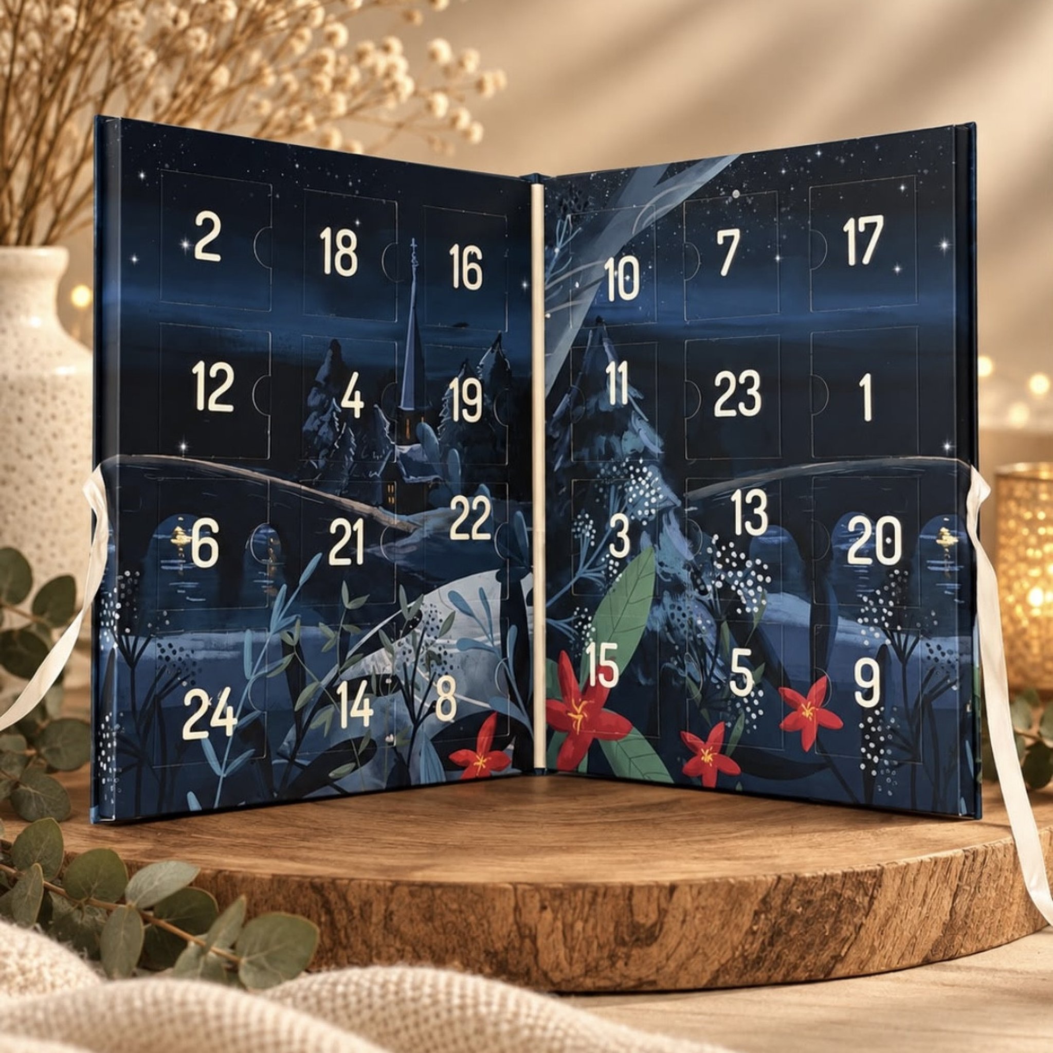 Aufgeklappter Tattoo-Adventskalender Winternacht mit 24 nummerierten Türchen und Satinband