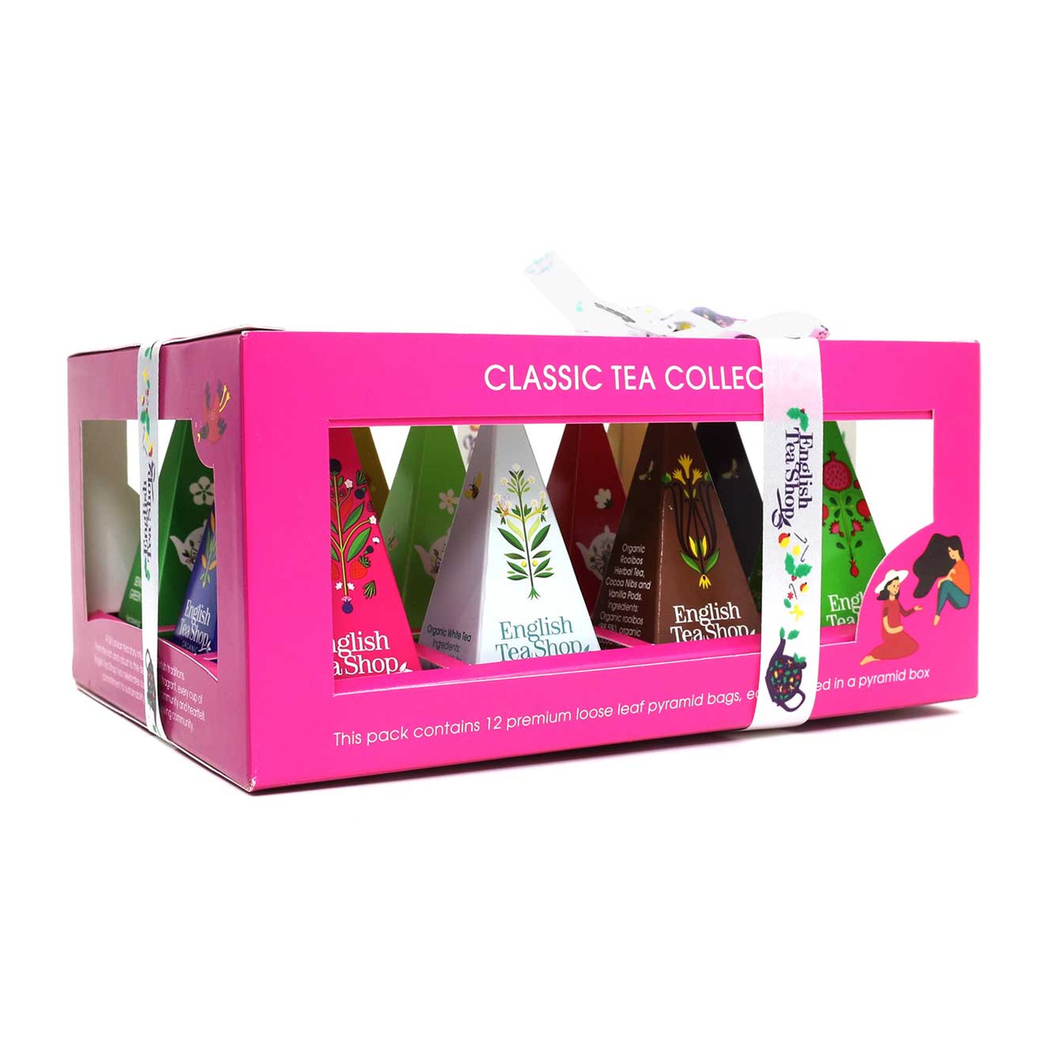 Scatola rosa Classic Tea Collection distesa con finestra sulle piramidi colorate
