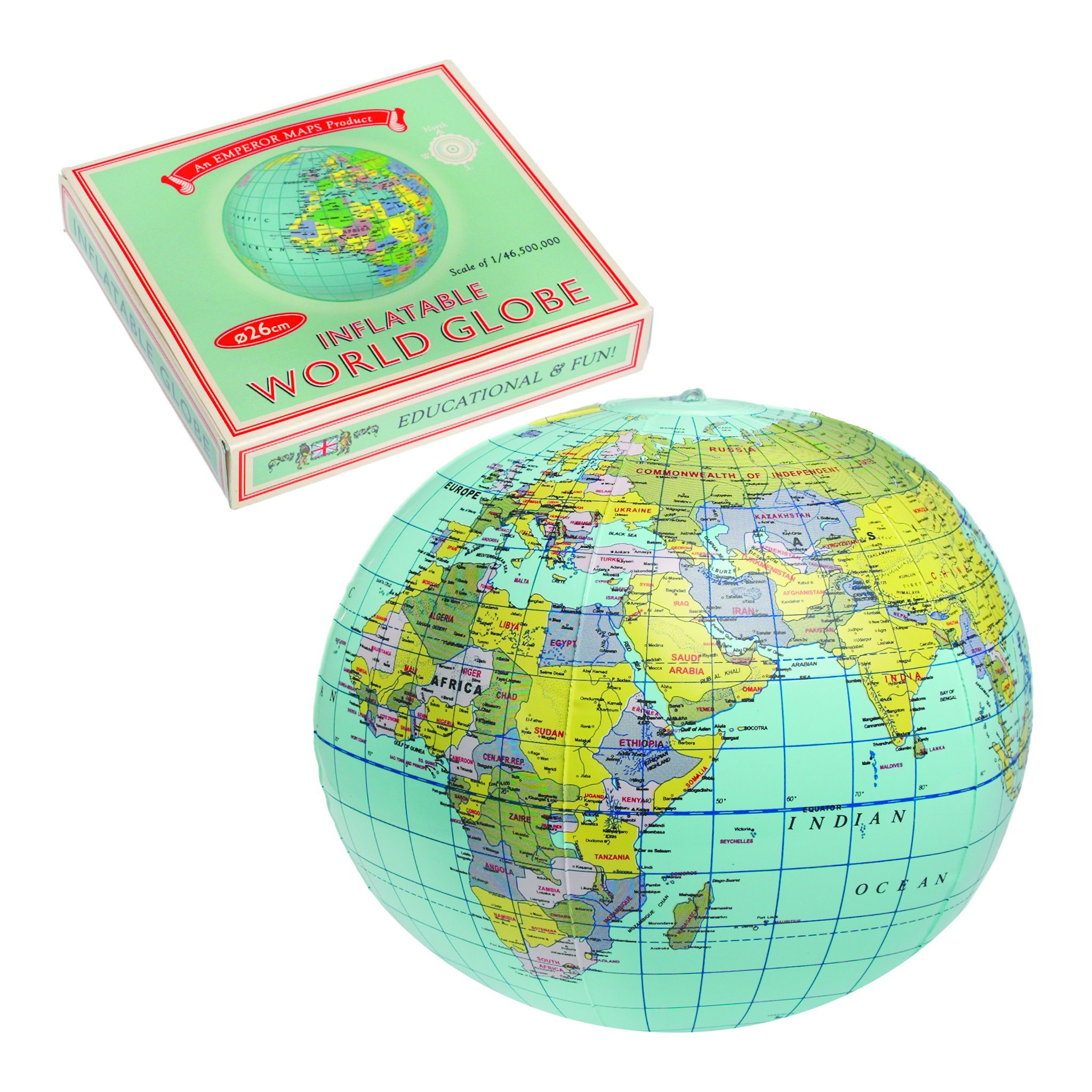 Mappamondo gonfiabile davanti alla scatola retrò «Inflatable World Globe»