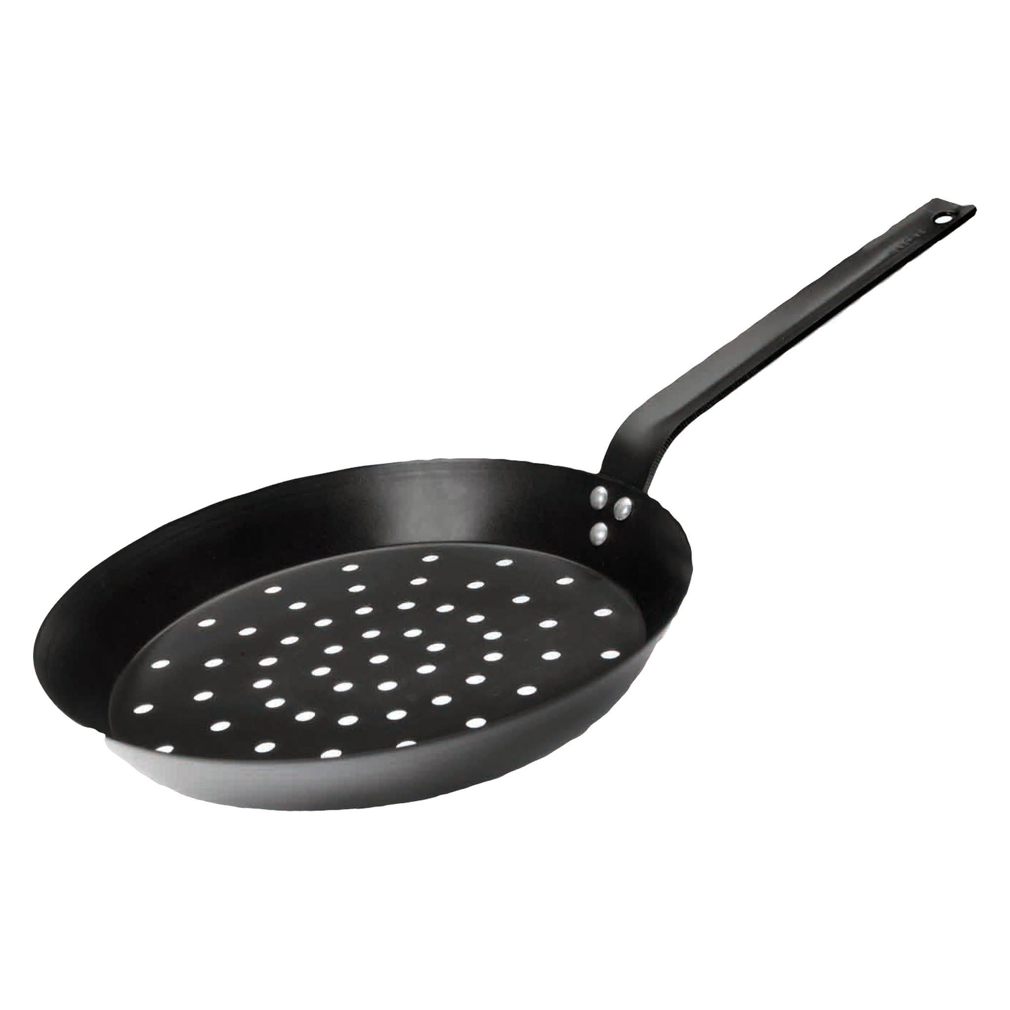 Padella per castagne 26 cm con fondo forato e manico lungo, vista obliqua su sfondo bianco