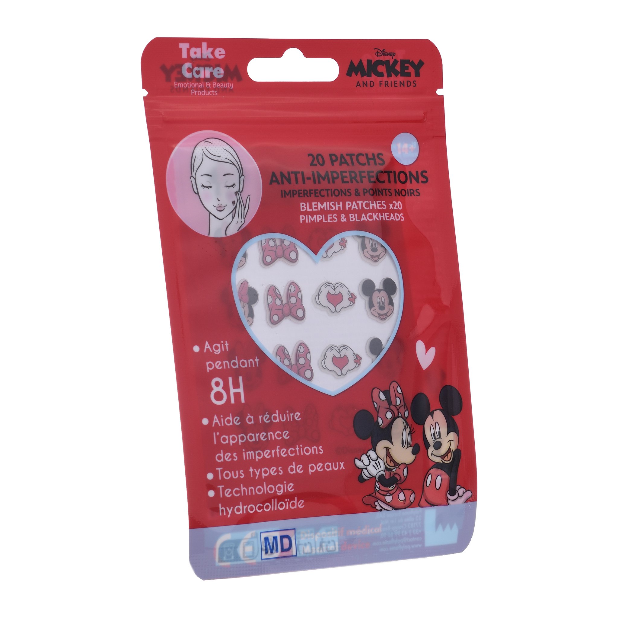 Minnie blemish patches packaging at an angle, featuring Minnie and Mickey