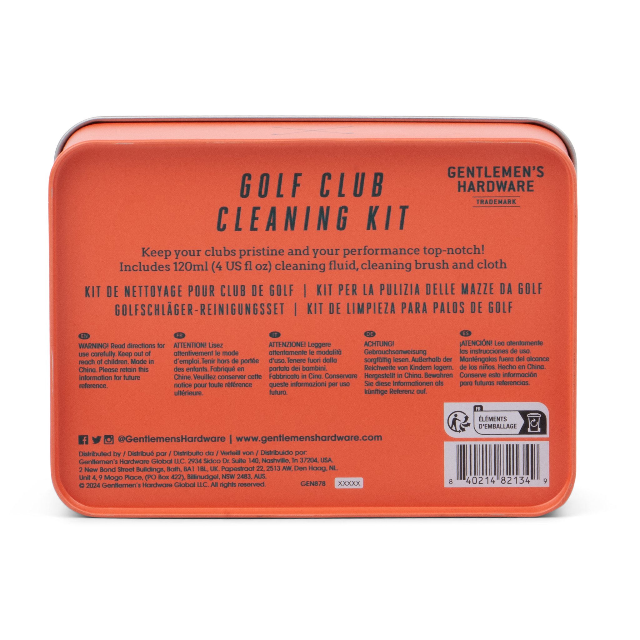Orange back of the Golf Club Cleaning Set tin with product text, multilingual notices and a barcode