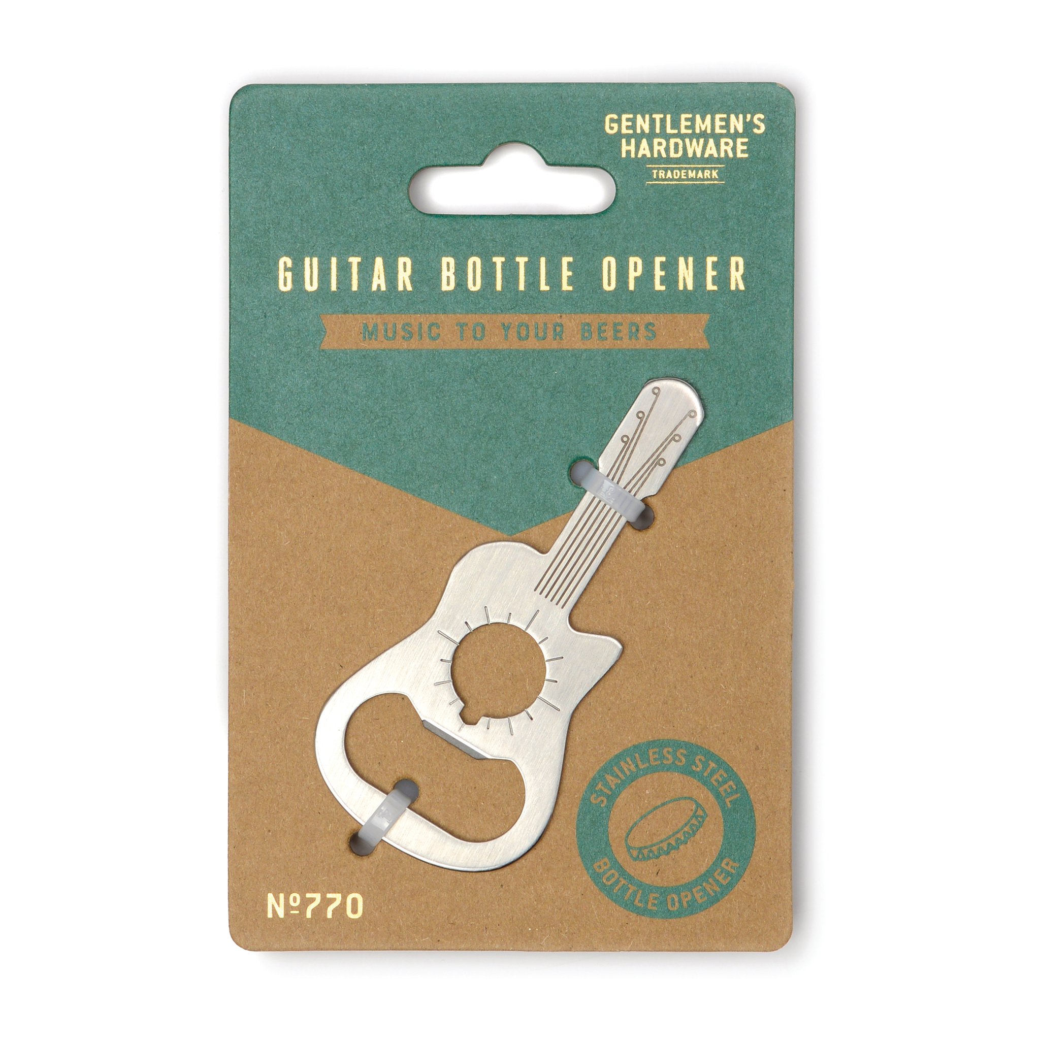 Mini guitar bottle opener in steel on a green and brown card reading «Music to your beers»