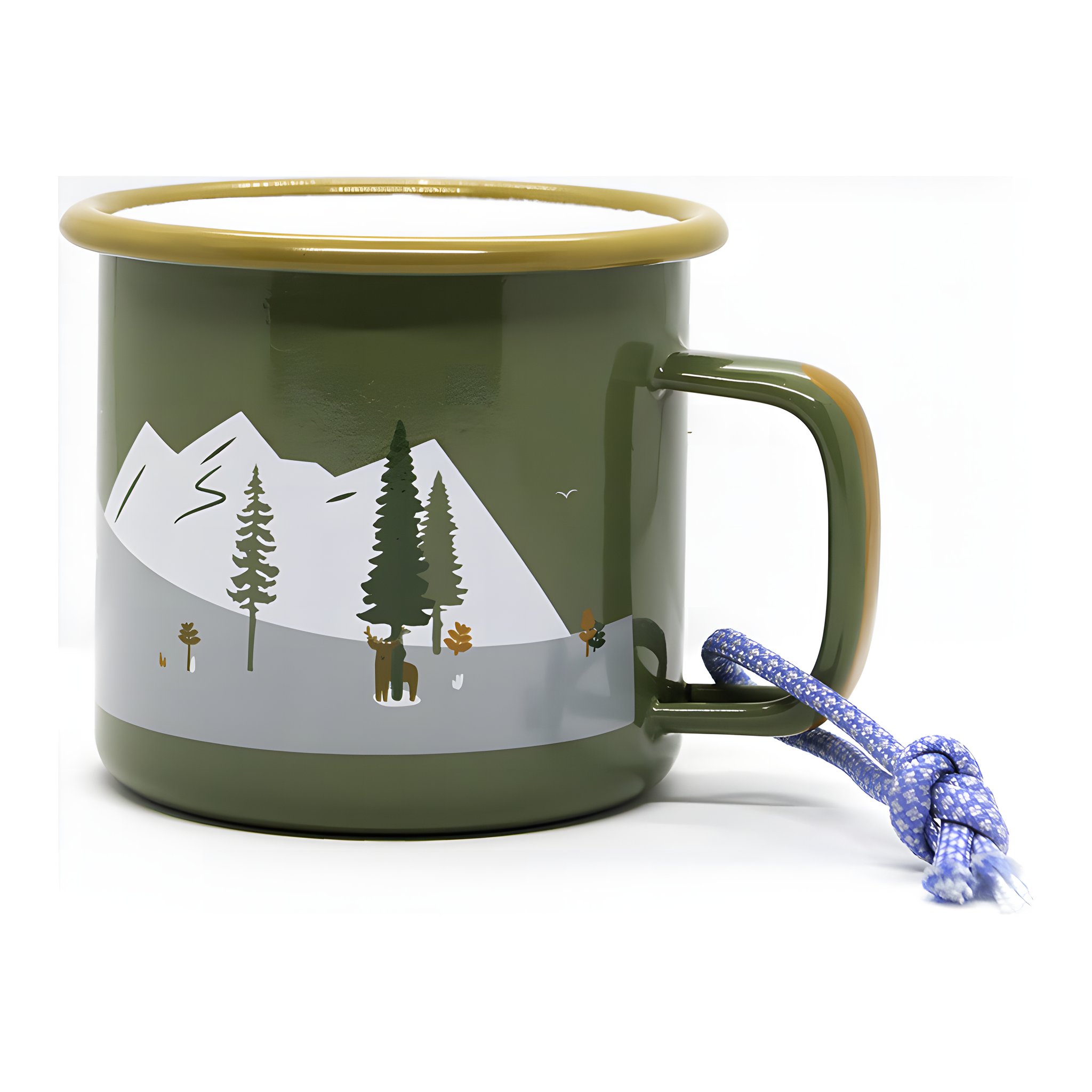 Emaillebecher mit Bergpanorama und Hirsch-Illustration