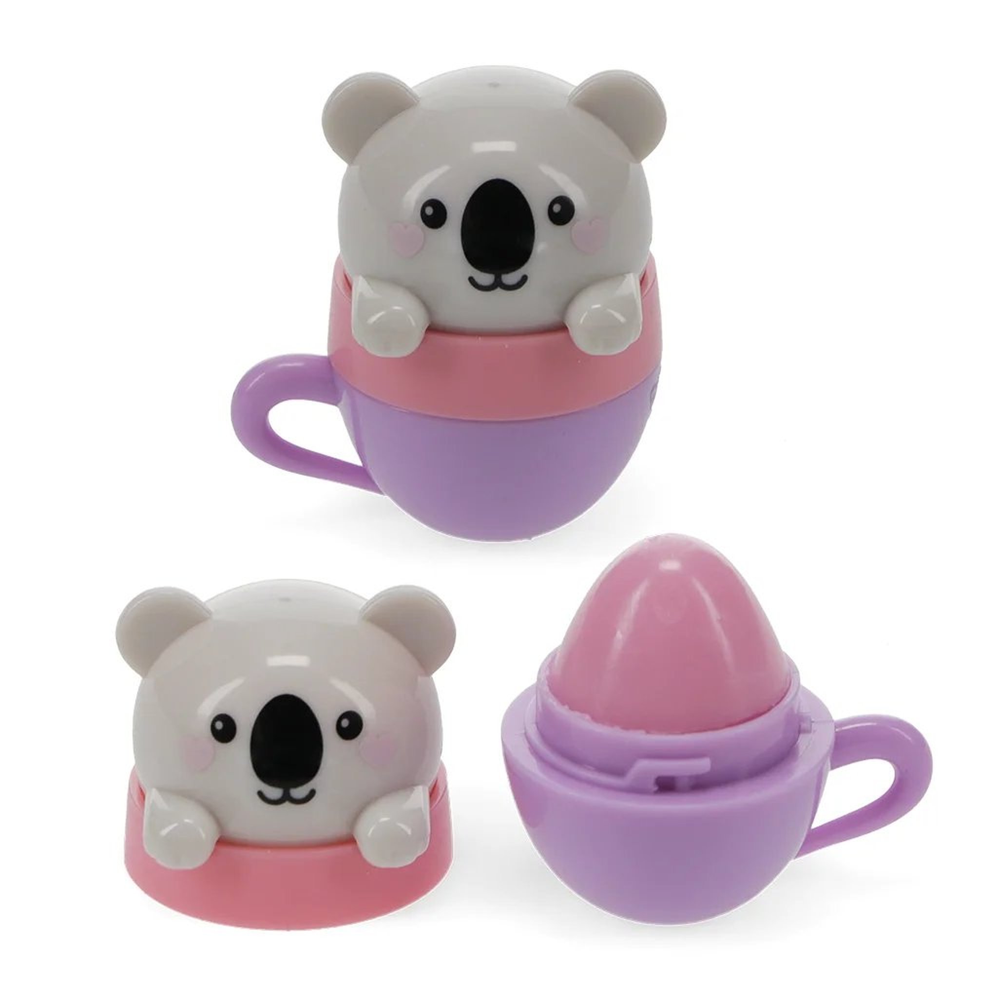 Koala-Lippenbalsam geöffnet mit rosa Balsam in der lila Tasse