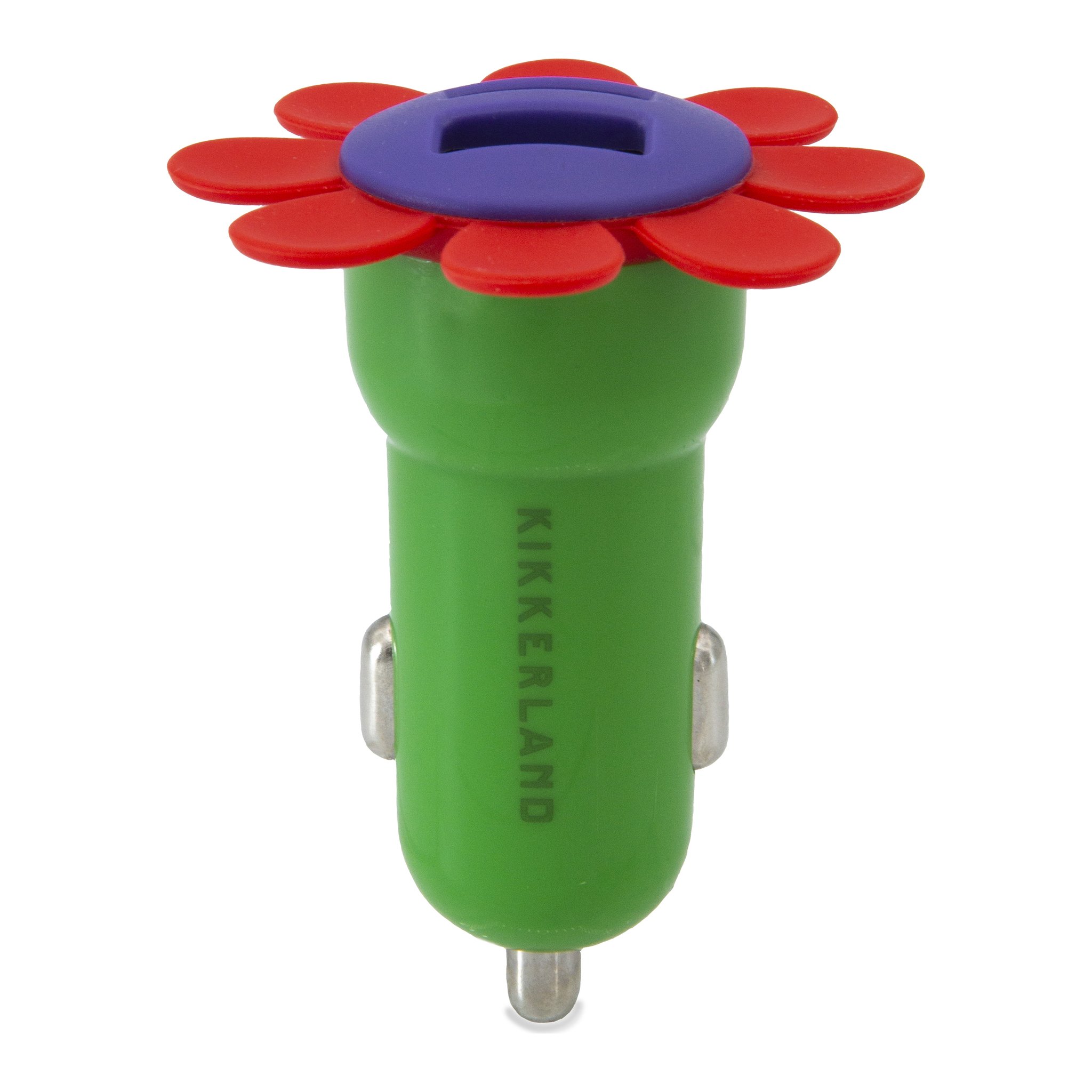 Grünes Auto-Ladegerät in Blumenform mit roten Blütenblättern und zwei USB-Anschlüssen