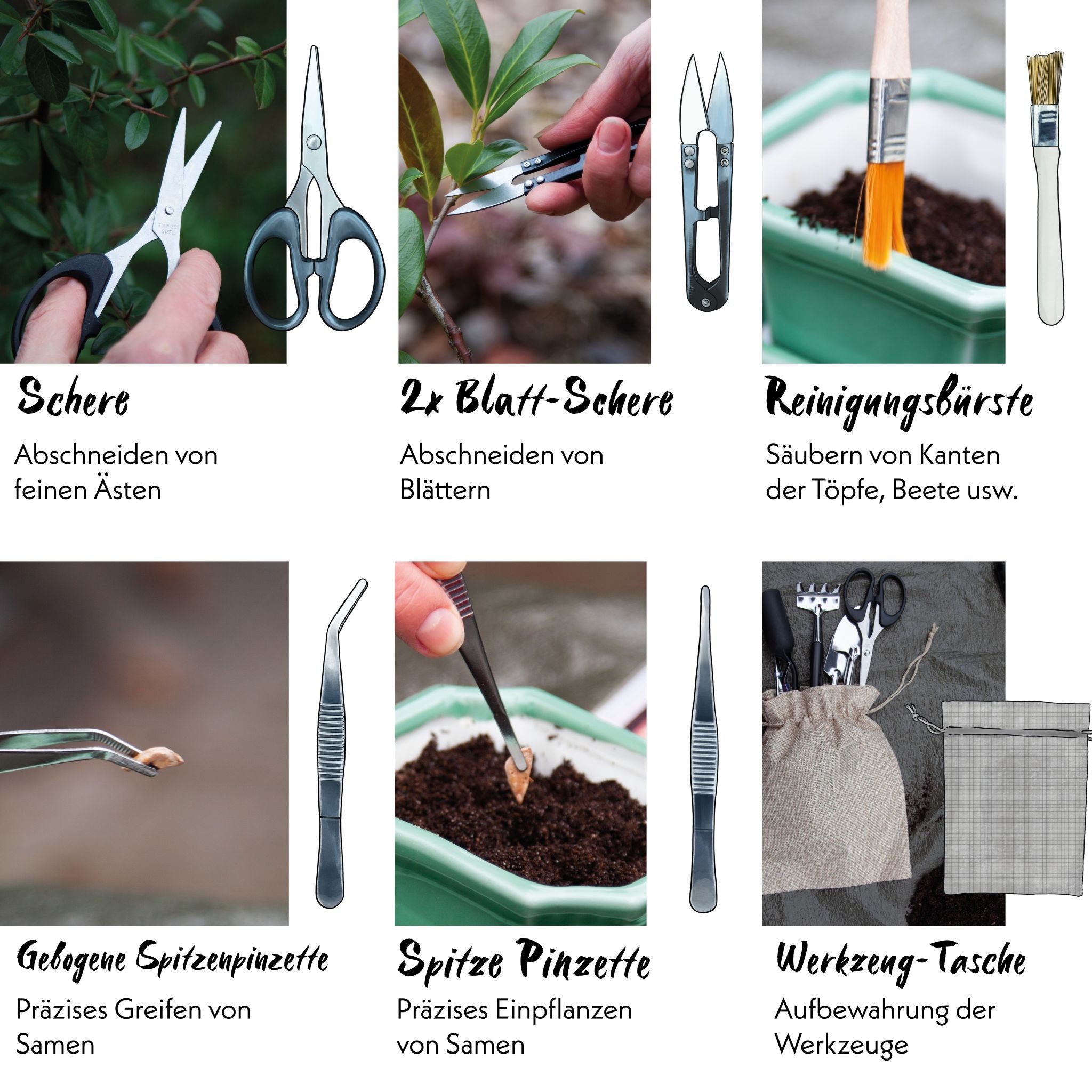 Bonsai Werkzeug-Set Pinzetten Schere und Bürste mit Beschreibungen